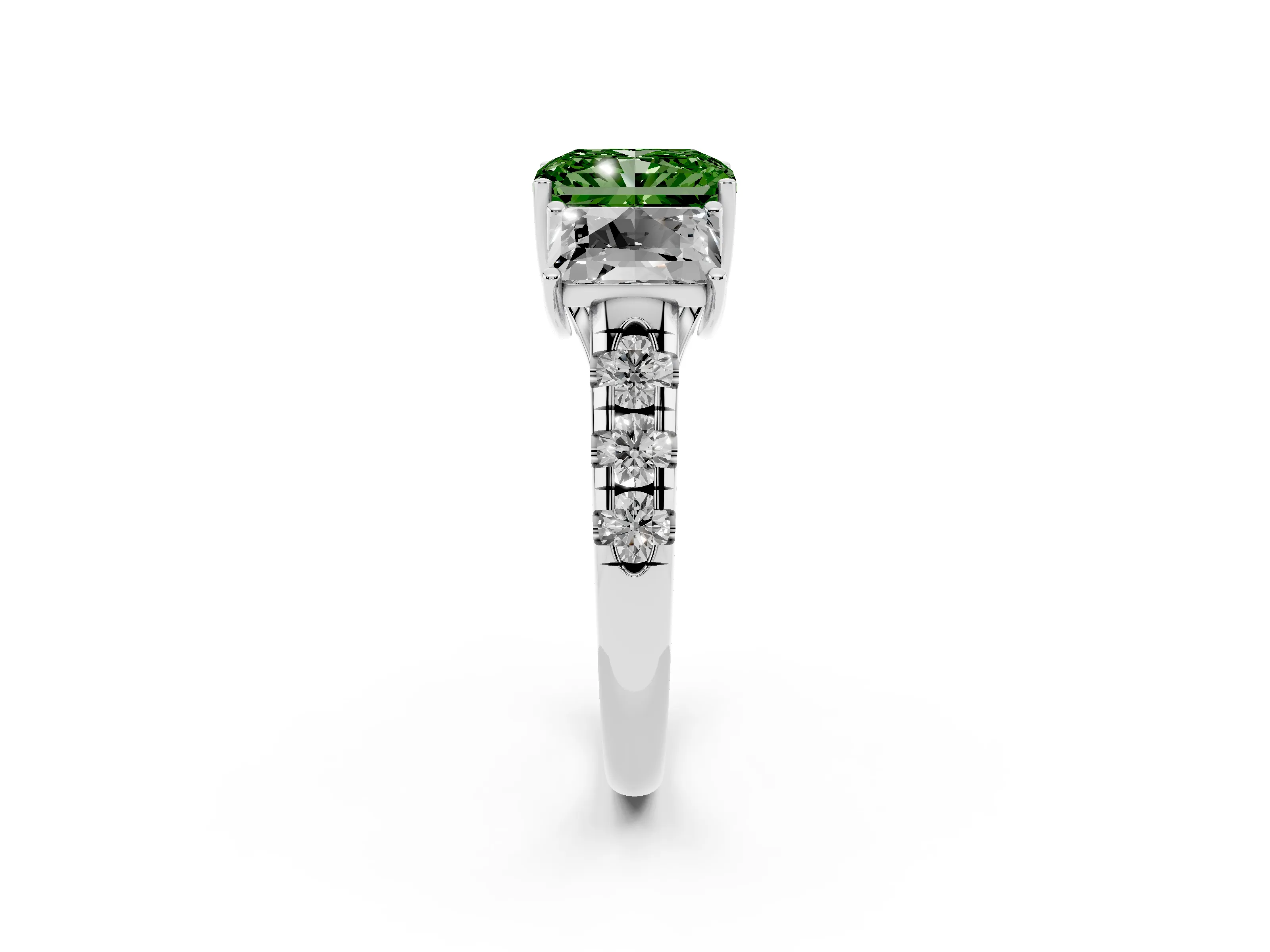 Fancy Green Radiant Cut Diamond Three-Stone Ring Set in Platinum with Pavé Band