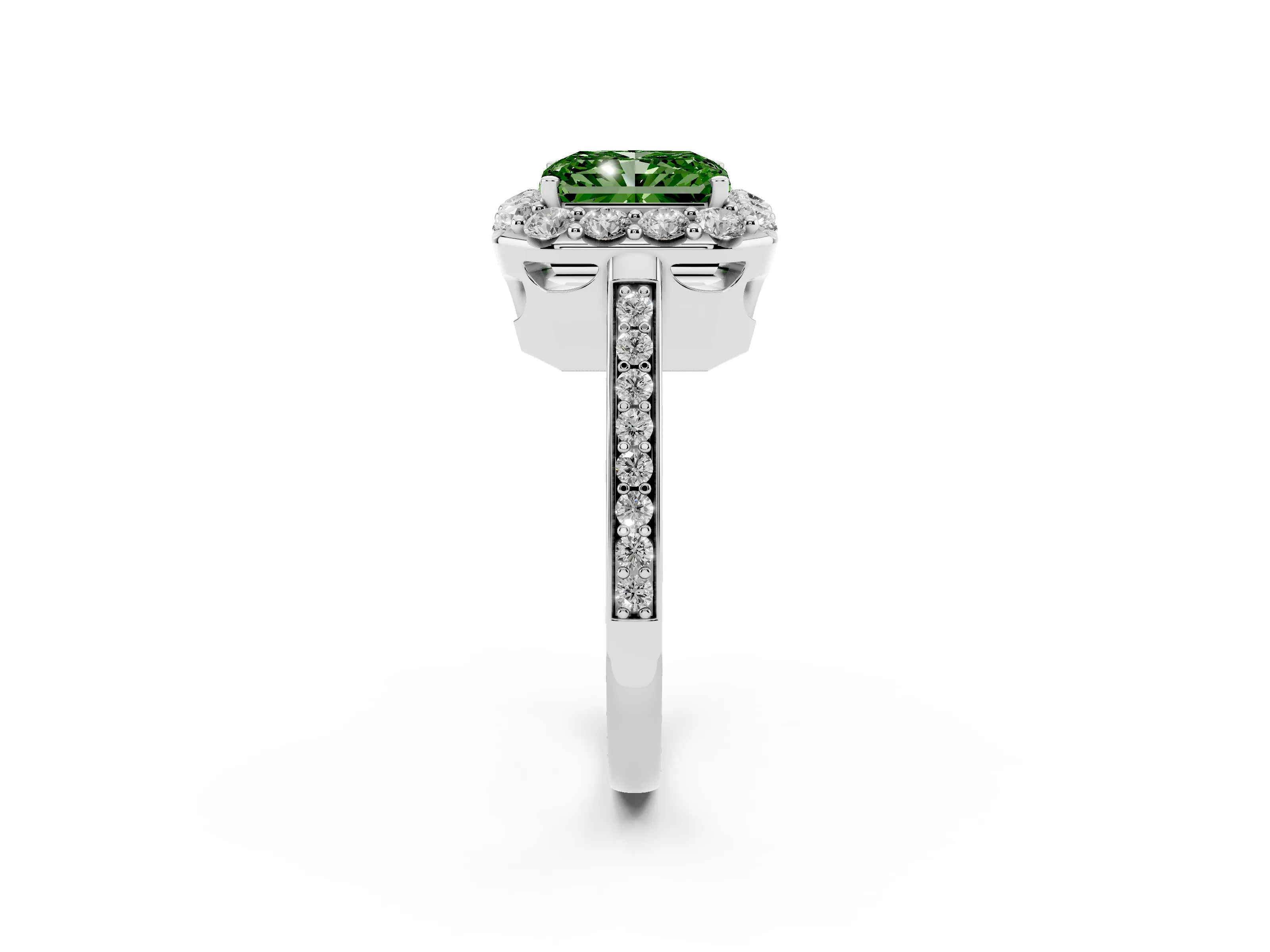 Fancy Green Radiant Cut Diamond Floral Halo Ring Set in Platinum with Pavé Band and Prong Setting