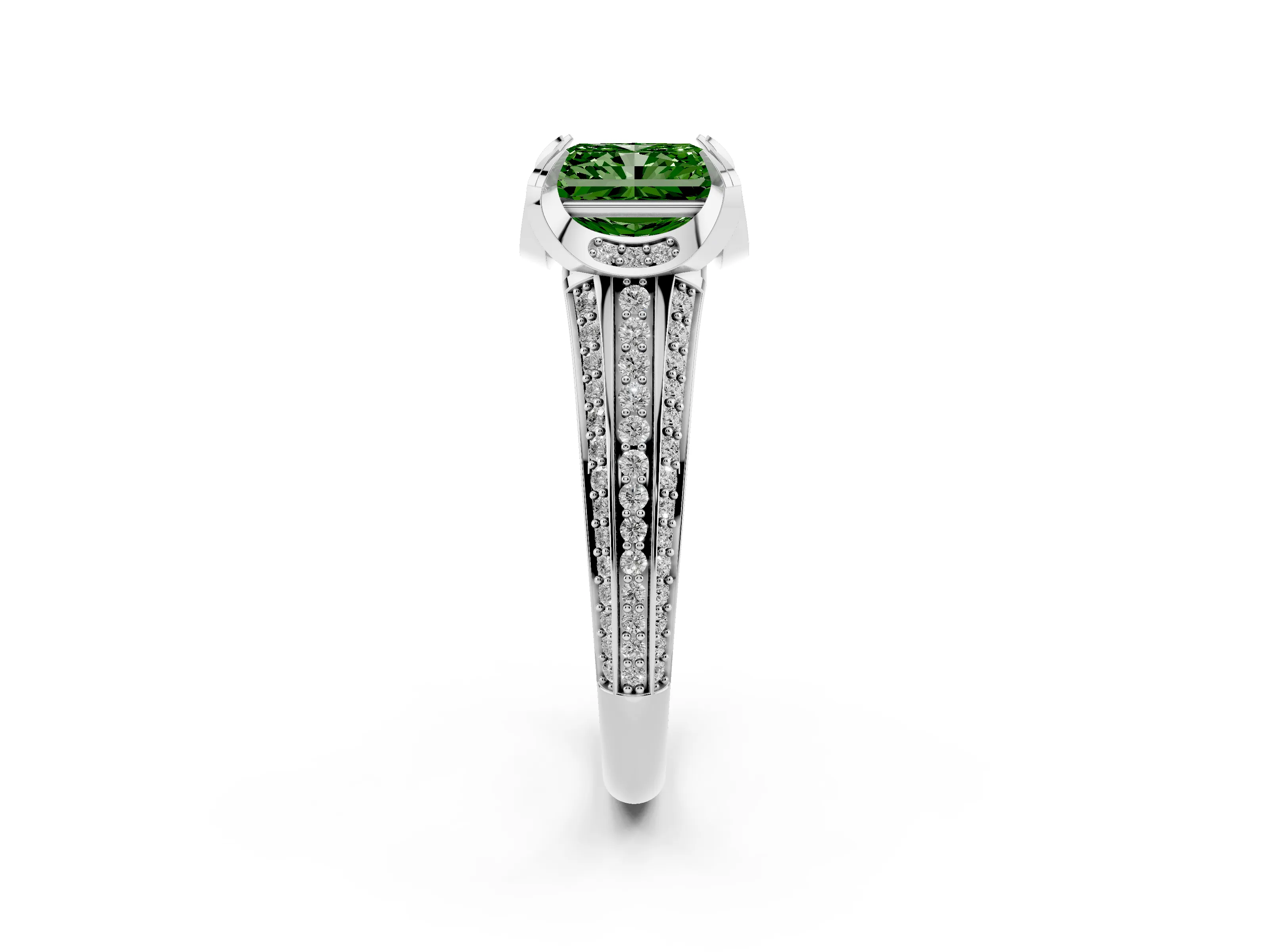Fancy Green Radiant Cut Diamond Pavé Split Shank Solitaire Ring Set in Silver with Prong Setting