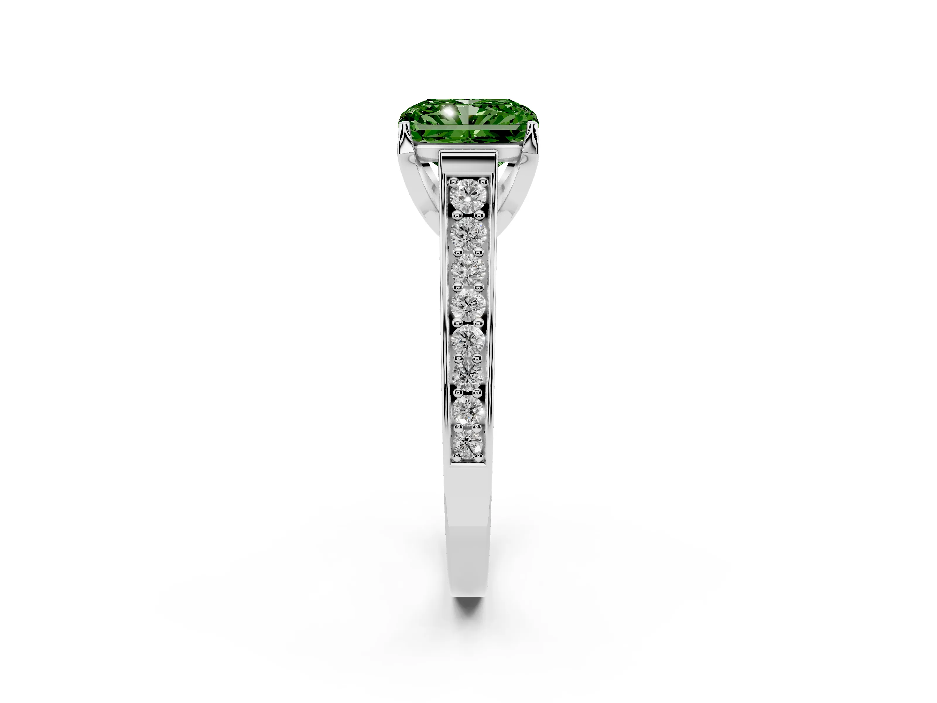 Fancy Green Radiant Cut Diamond Solitaire Pavé Engagement Ring Set in White gold with Prong Setting