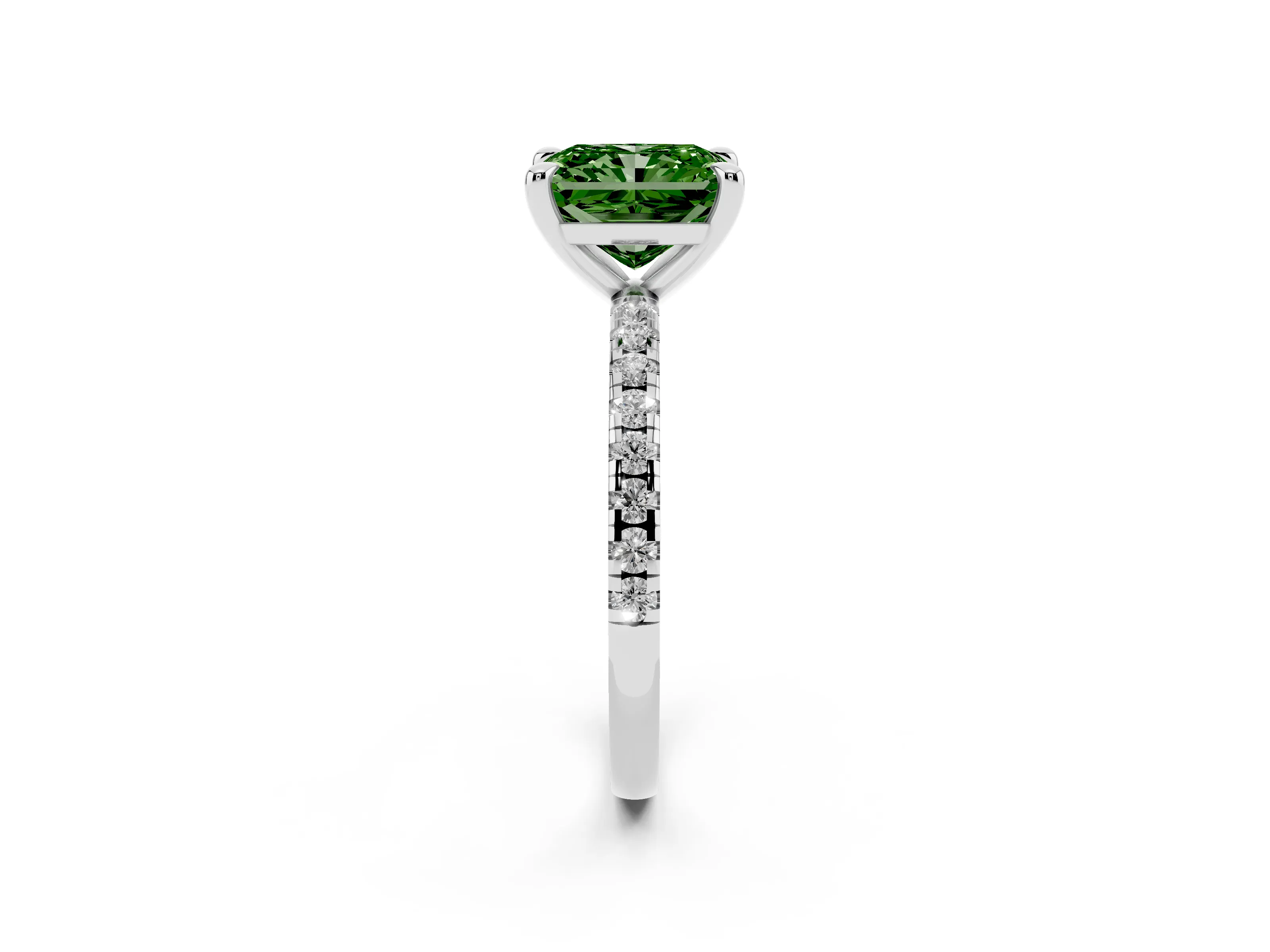 Fancy Green Radiant Cut Diamond Brilliant Solitaire Ring Set in Platinum with Pavé Band and Prong Setting