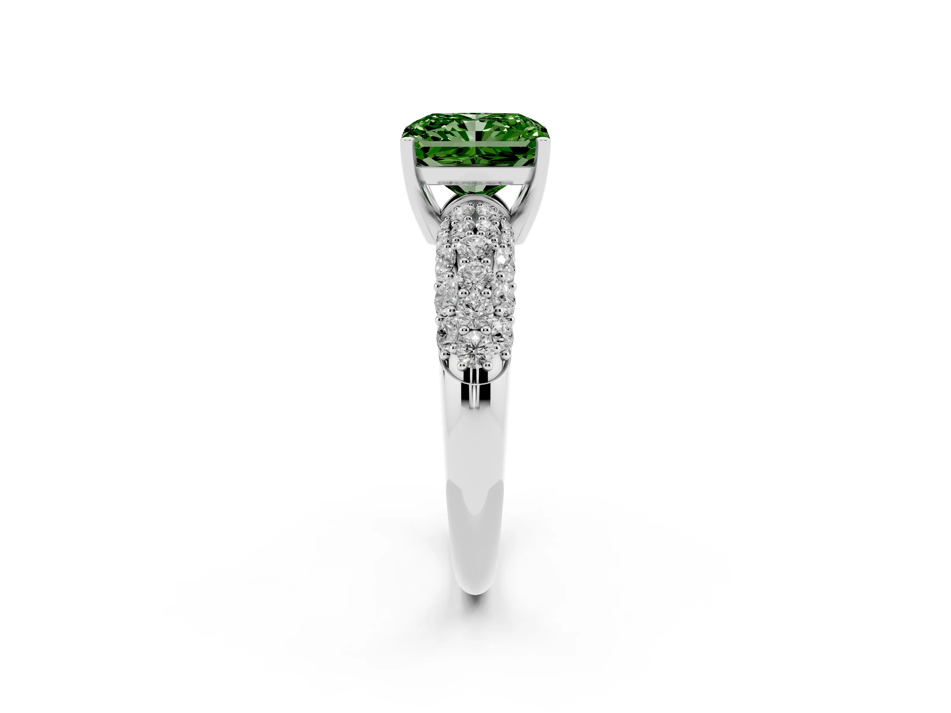 Fancy Green Radiant Cut Diamond Pavé Band Solitaire Ring Set in White gold with Close-Set Accent Stones and Prong Setting