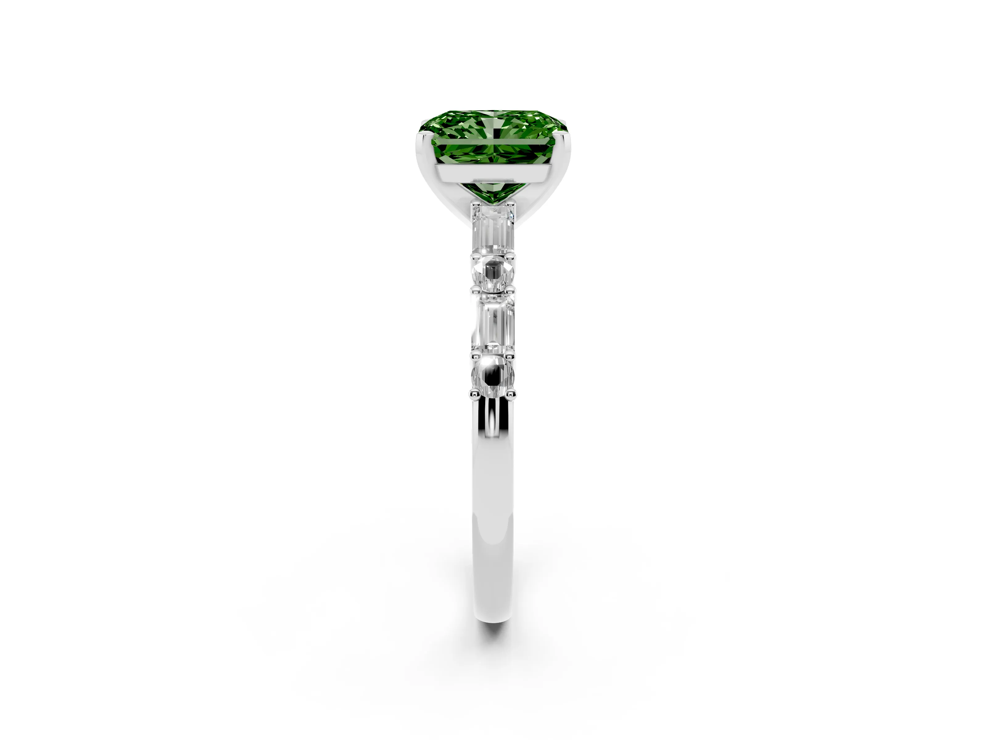 Fancy Green Radiant Cut Diamond Solitaire Set in Platinum with Side Baguettes and Channel Set Band