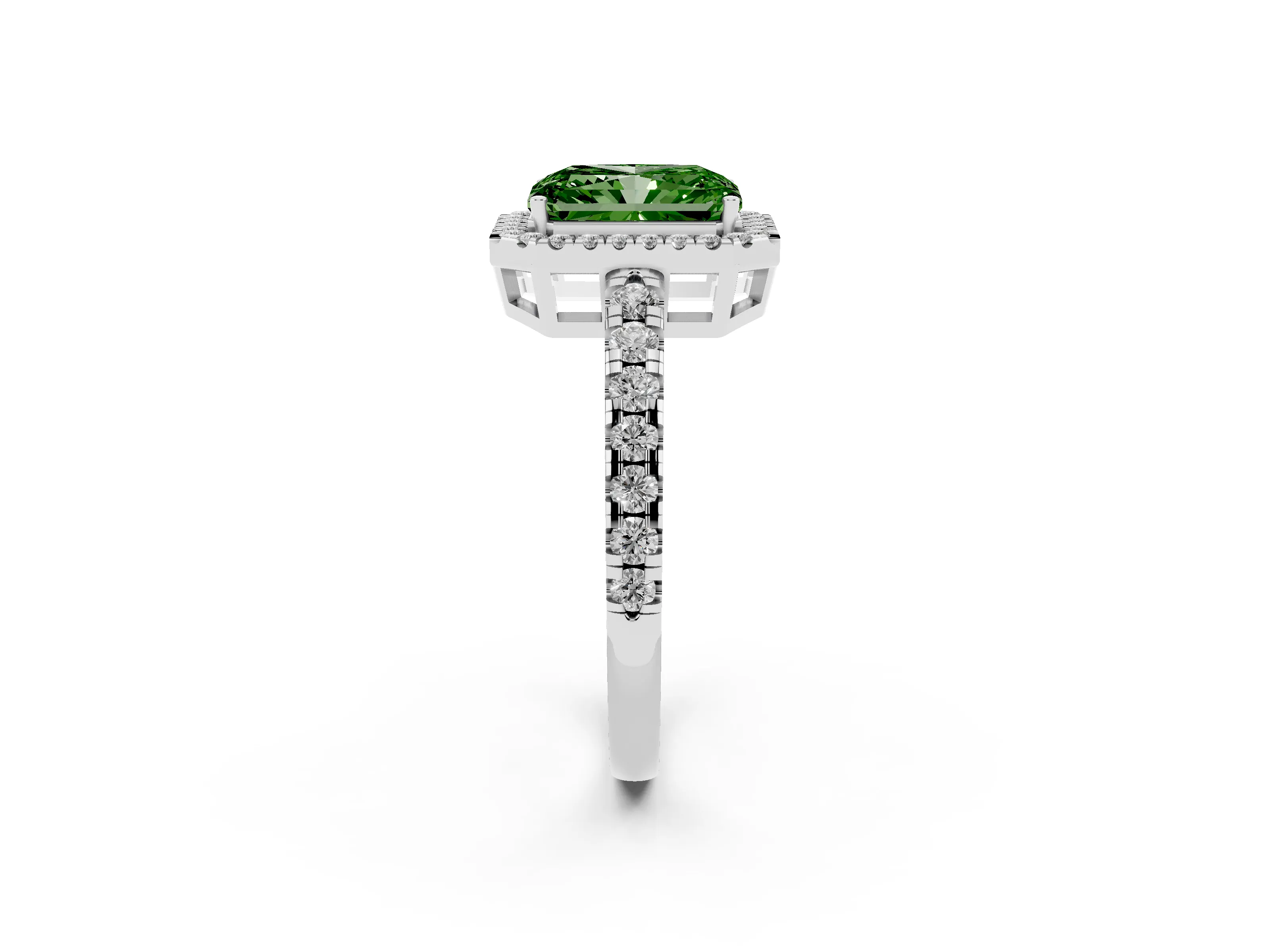 Fancy Green Radiant Cut Diamond Halo Ring Set in White gold with Delicate Pavé Band and Prong Setting