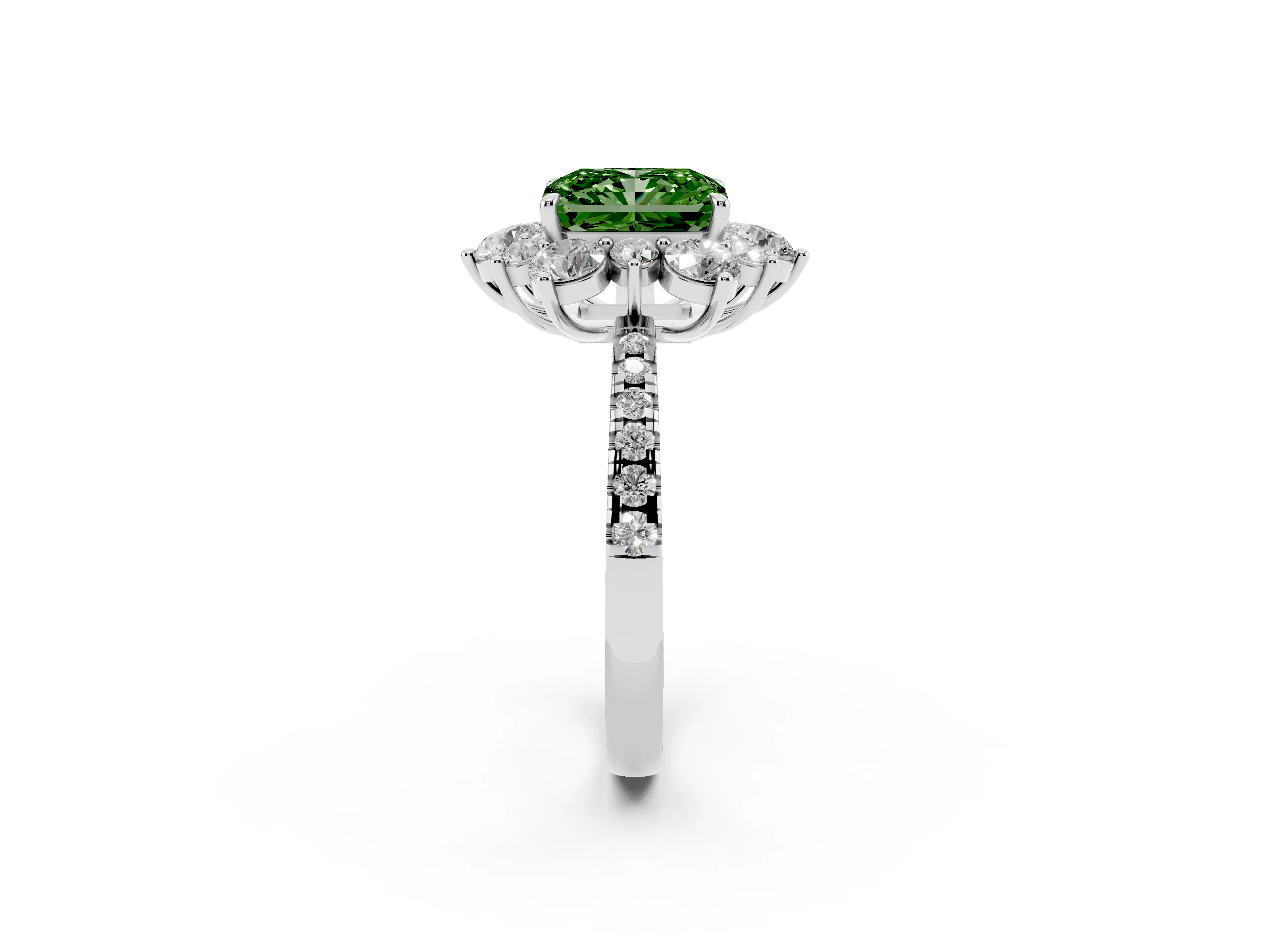 Fancy Green Radiant Cut Diamond Floral Halo Ring Set in Silver with Round Pavé Band and Prong Setting