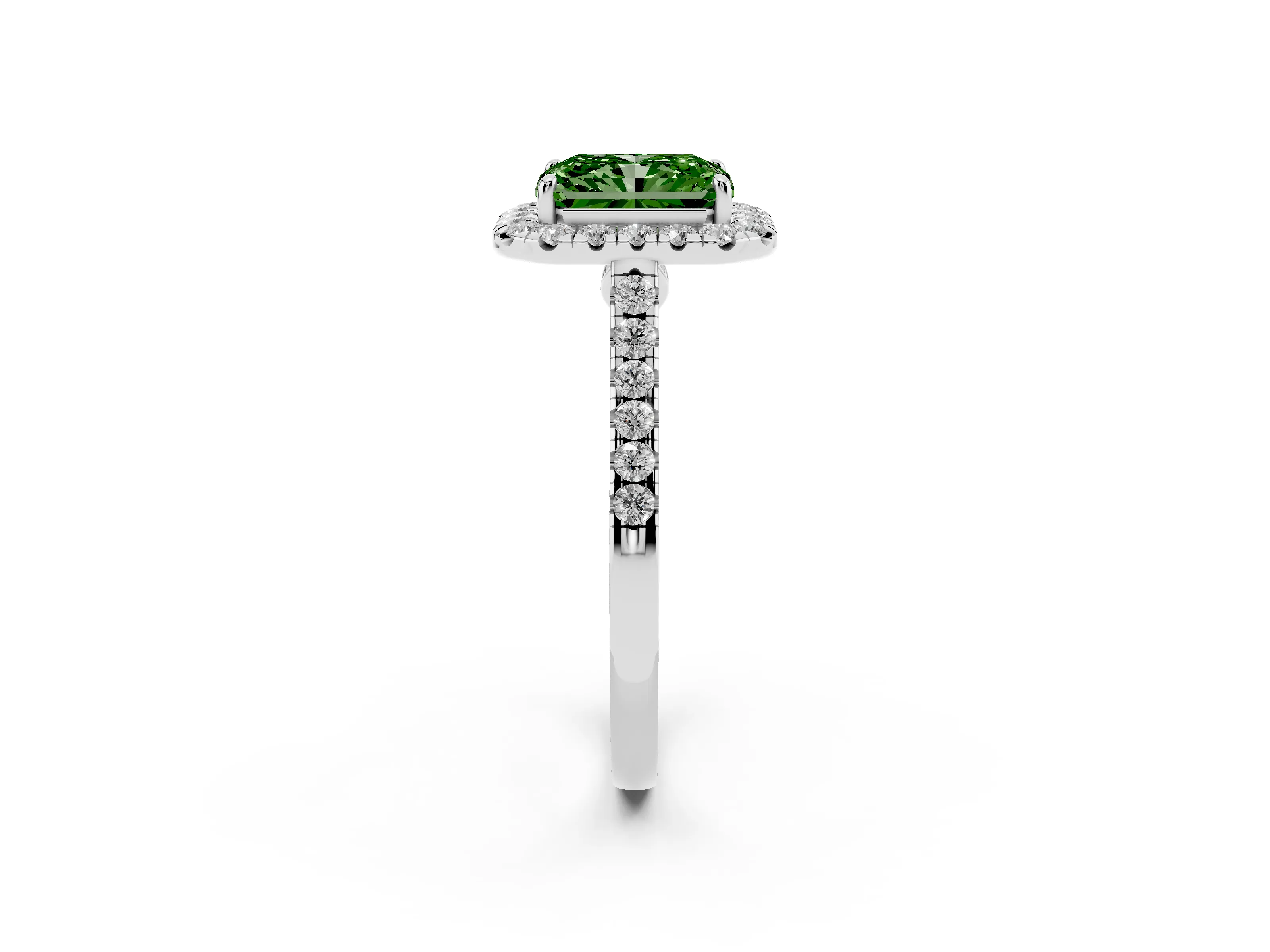 Fancy Green Radiant Cut Diamond Halo Pavé Engagement Ring Set in Platinum with Prong Setting