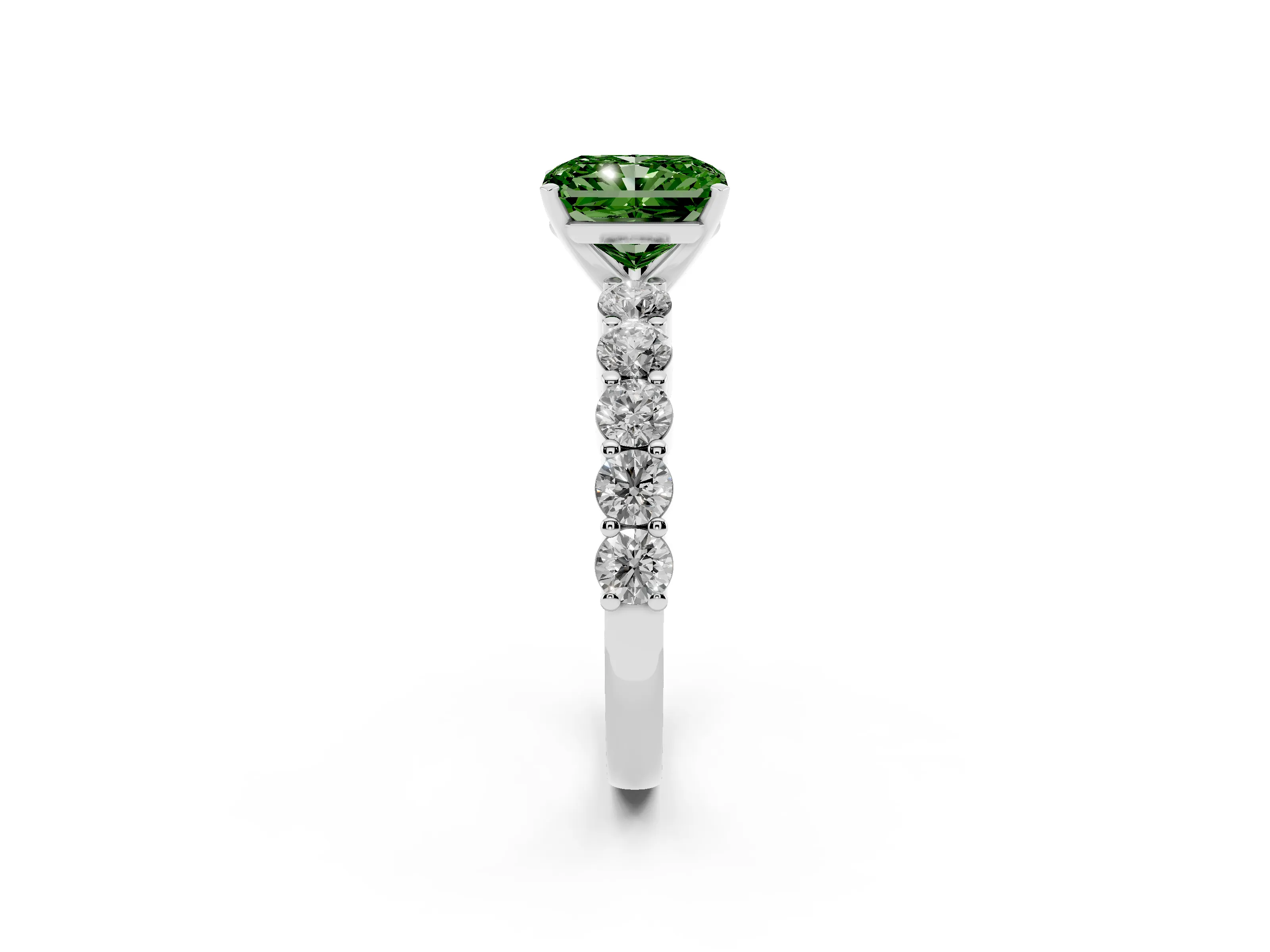 Fancy Green Radiant Cut Diamond Solitaire Ring Set in Platinum with Shared Prong Round Side Stones