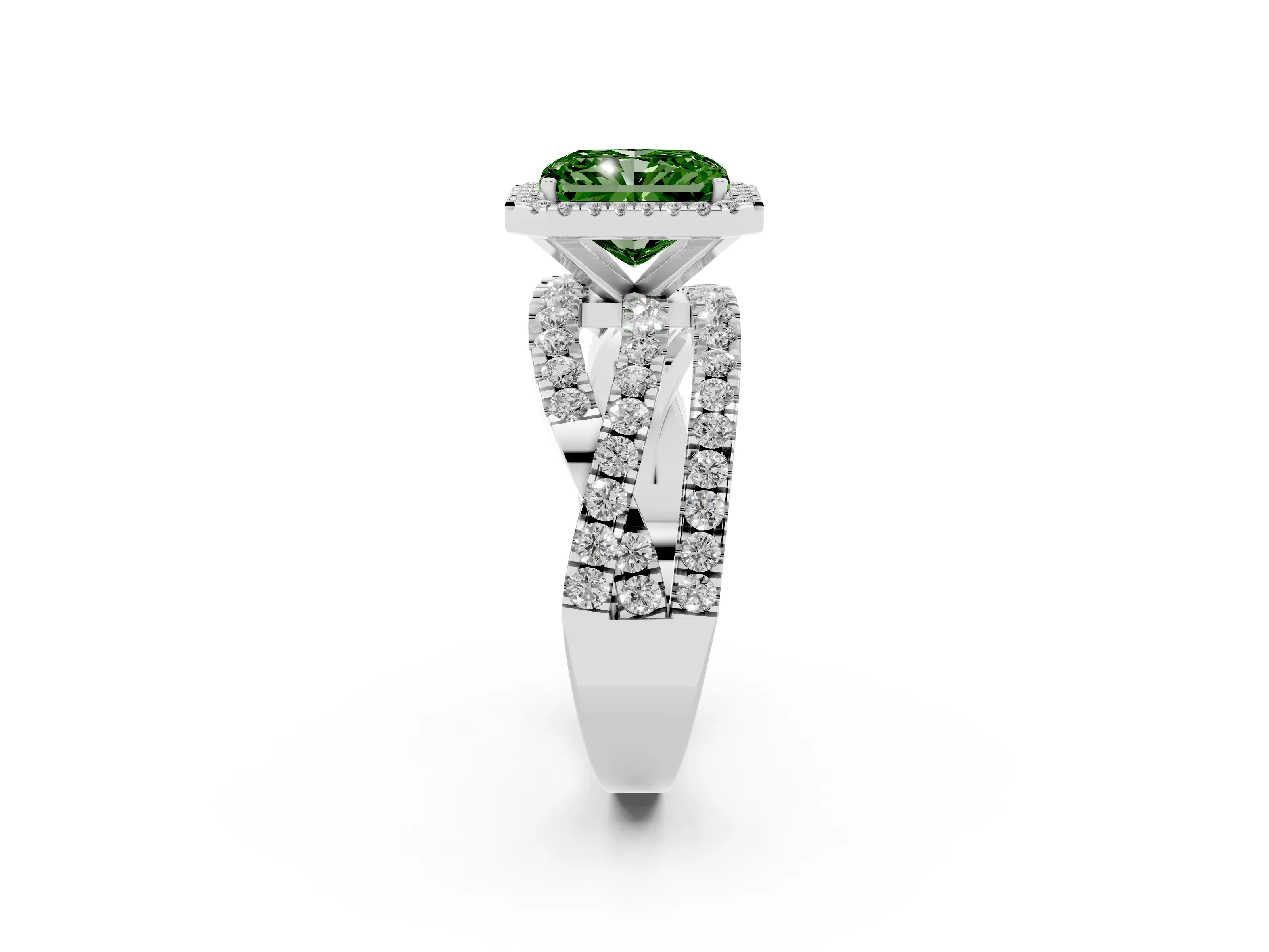 Fancy Green Radiant Cut Diamond Halo Ring Set in Platinum with Round Crossover Split Shank and Prong Setting