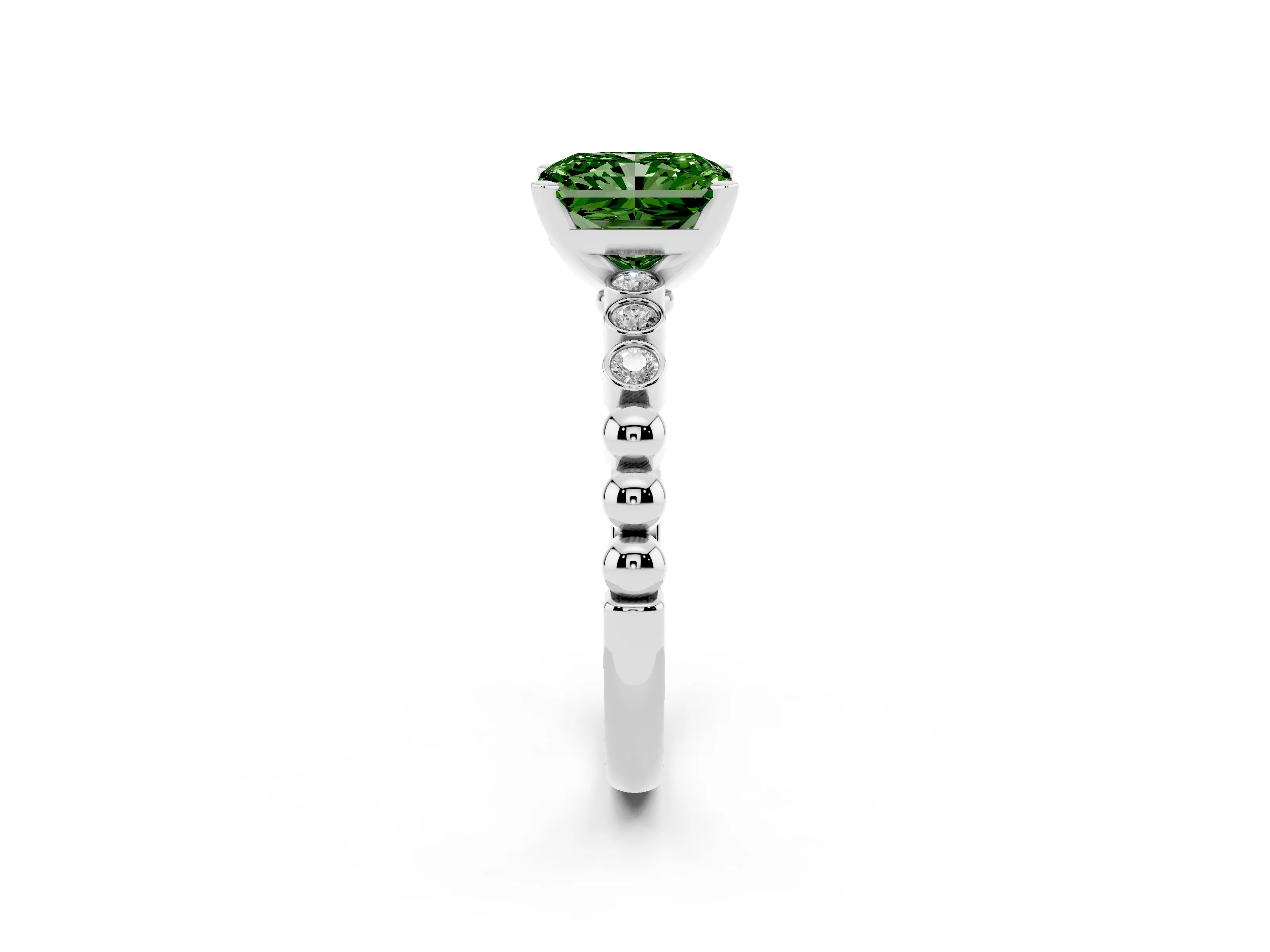 Fancy Green Radiant Cut Diamond Solitaire Engagement Ring Set in Silver with Bezel Accents on Beaded Band