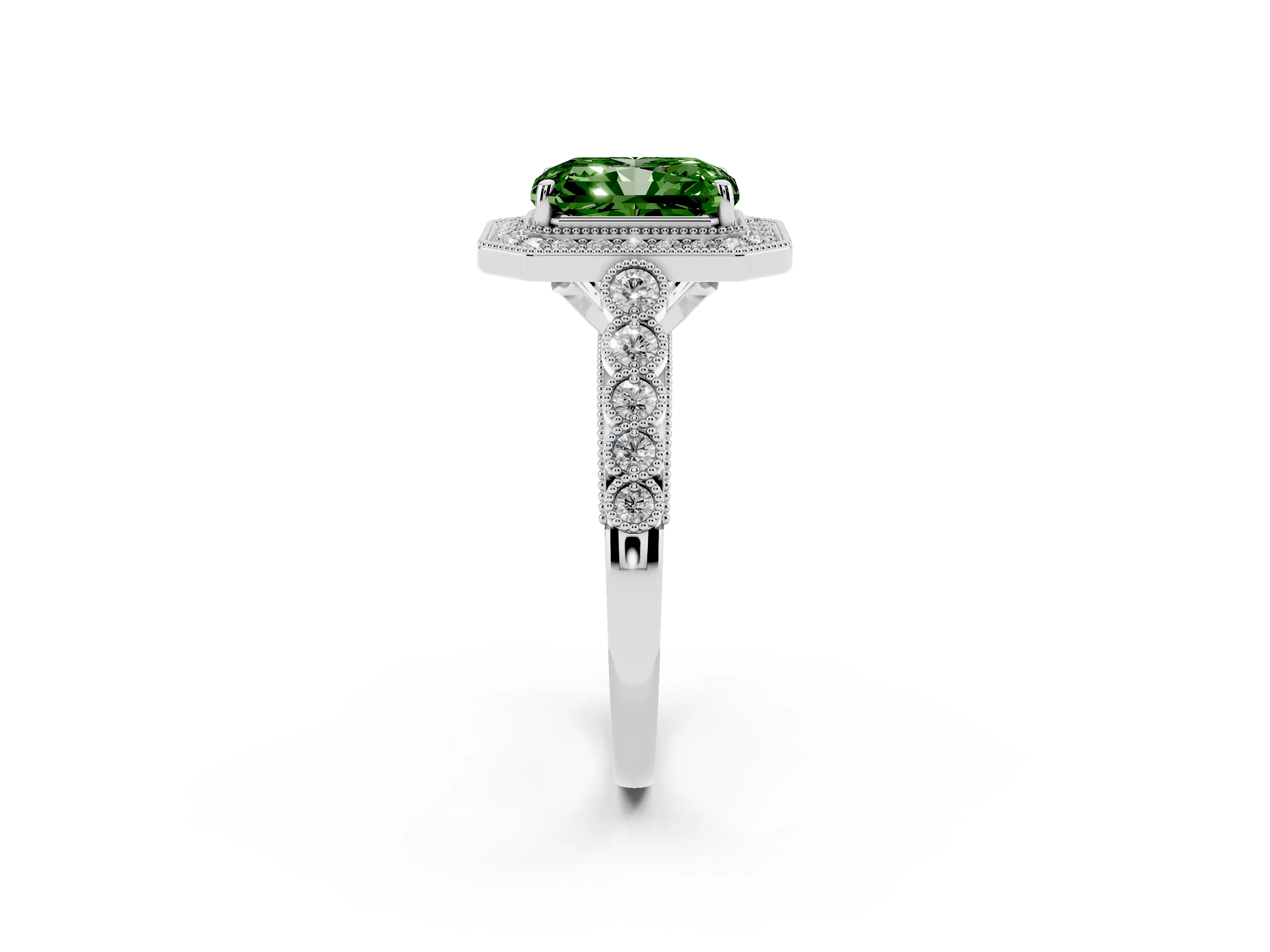 Fancy Green Radiant Cut Diamond Milgrain Halo Solitaire Ring Set in White gold with Bezel Set Side Stones and Pavé Band