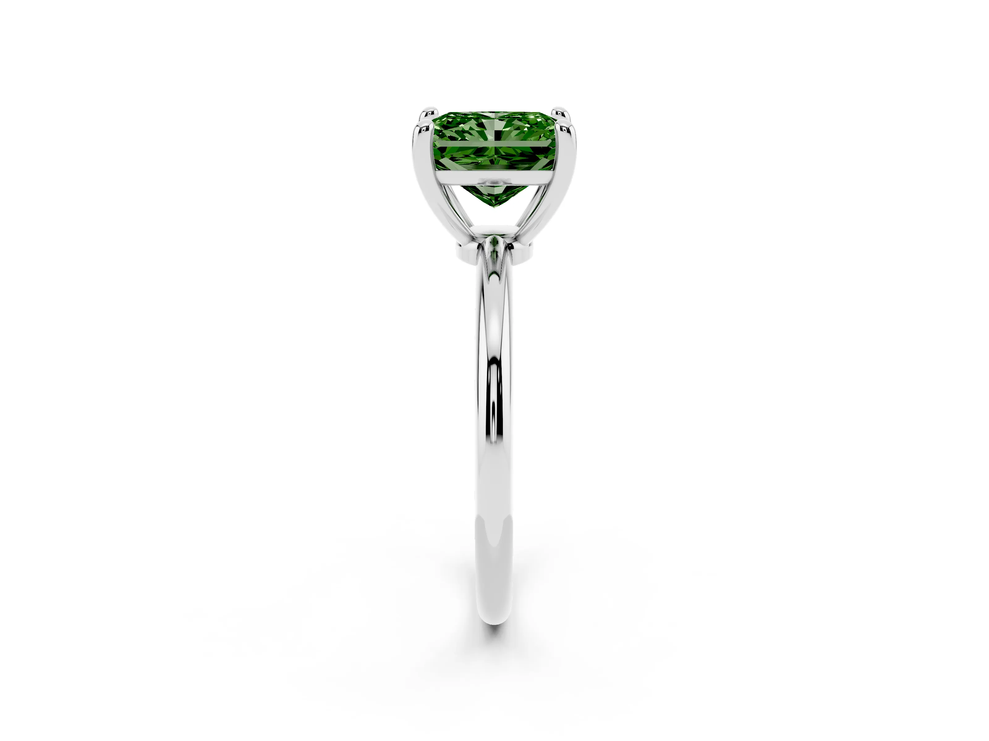 Fancy Green Radiant Cut Diamond Solitaire Ring Set in White gold with Secure Prong Setting on a Classic Band