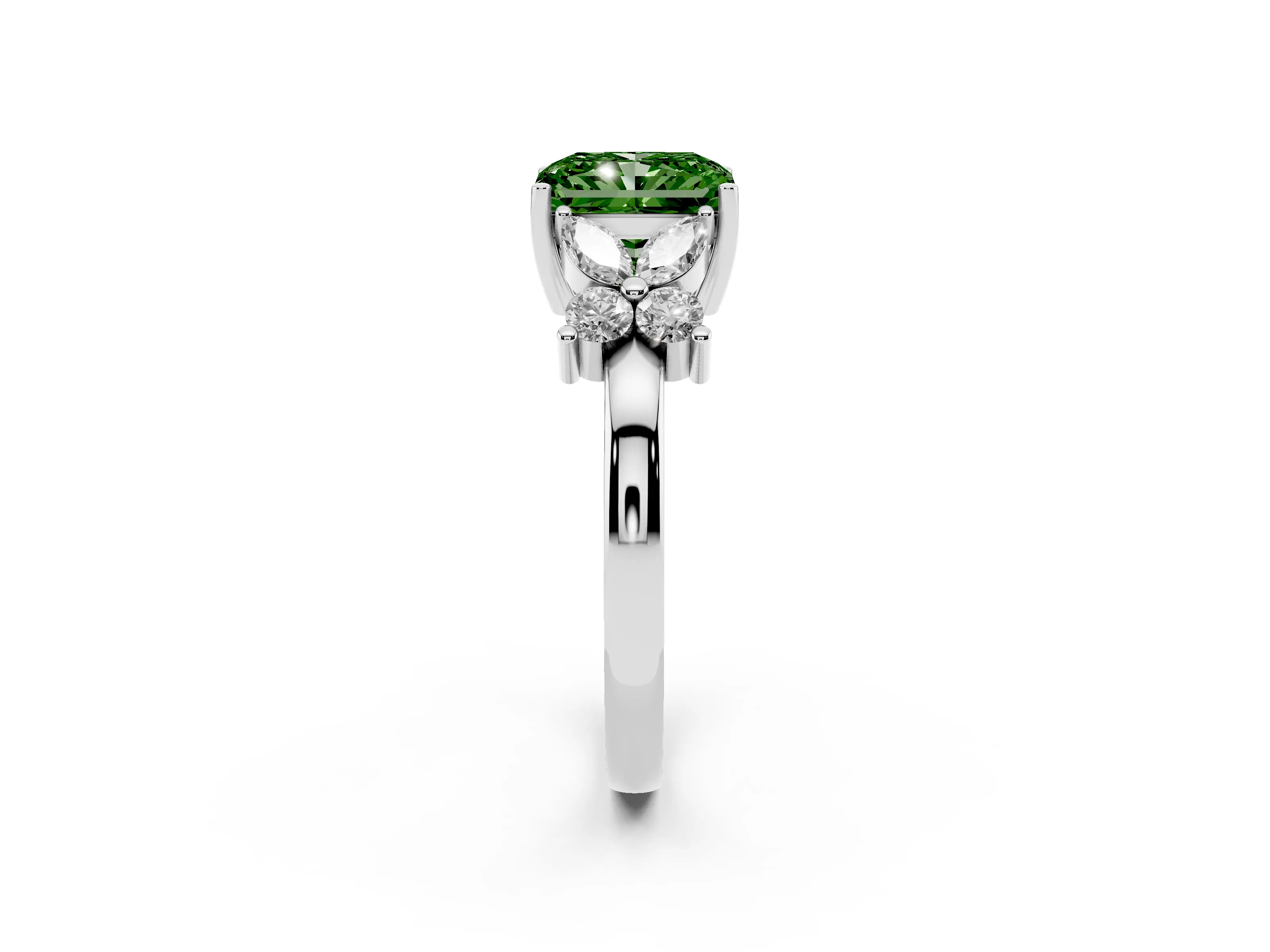 Fancy Green Radiant Cut Diamond Floral Cluster Ring Set in Silver with Marquise Petals and Prong Setting
