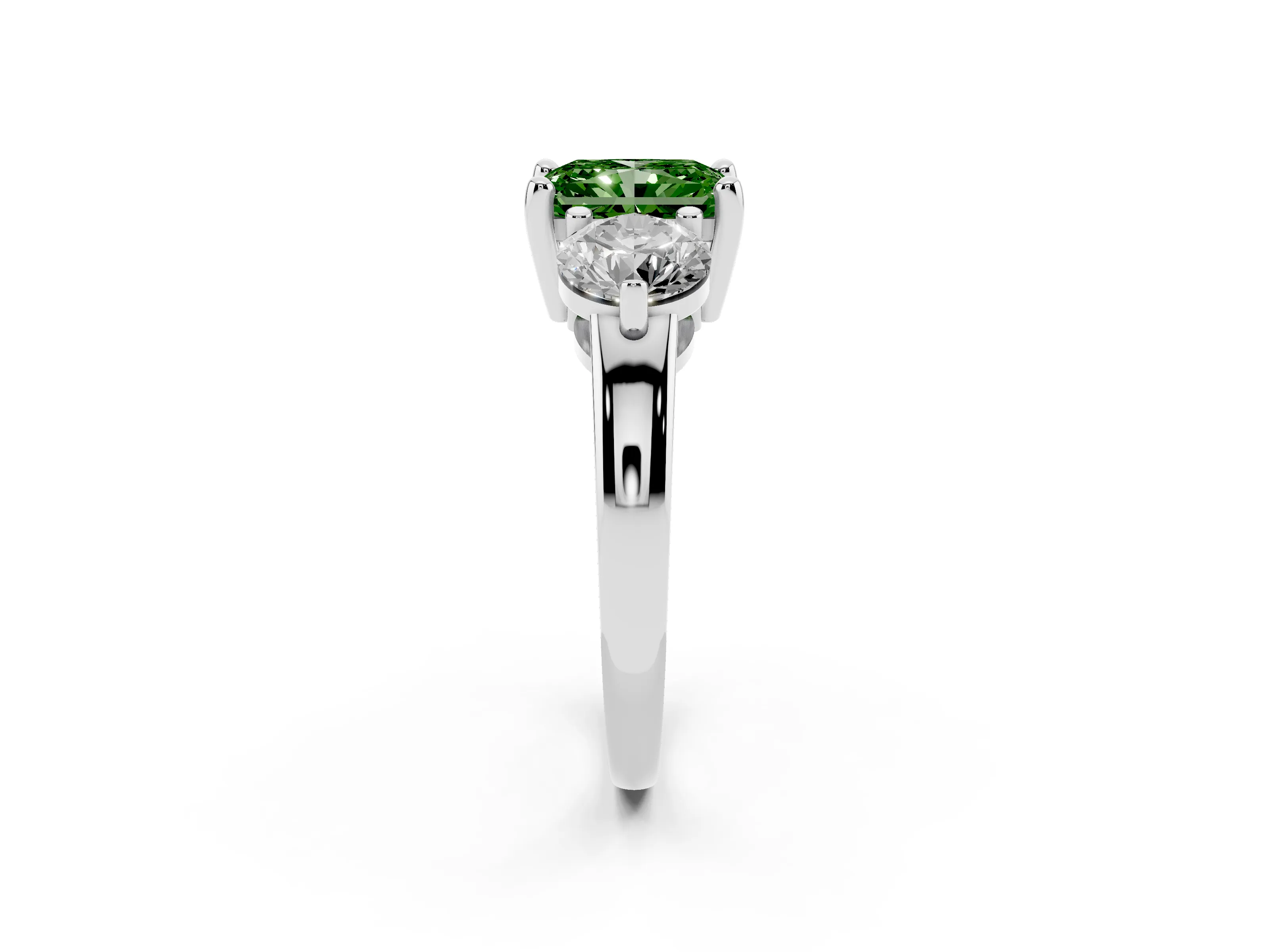 Fancy Green Radiant Cut Diamond Three-Stone Ring Set in Platinum with Prong Setting and Classic Band