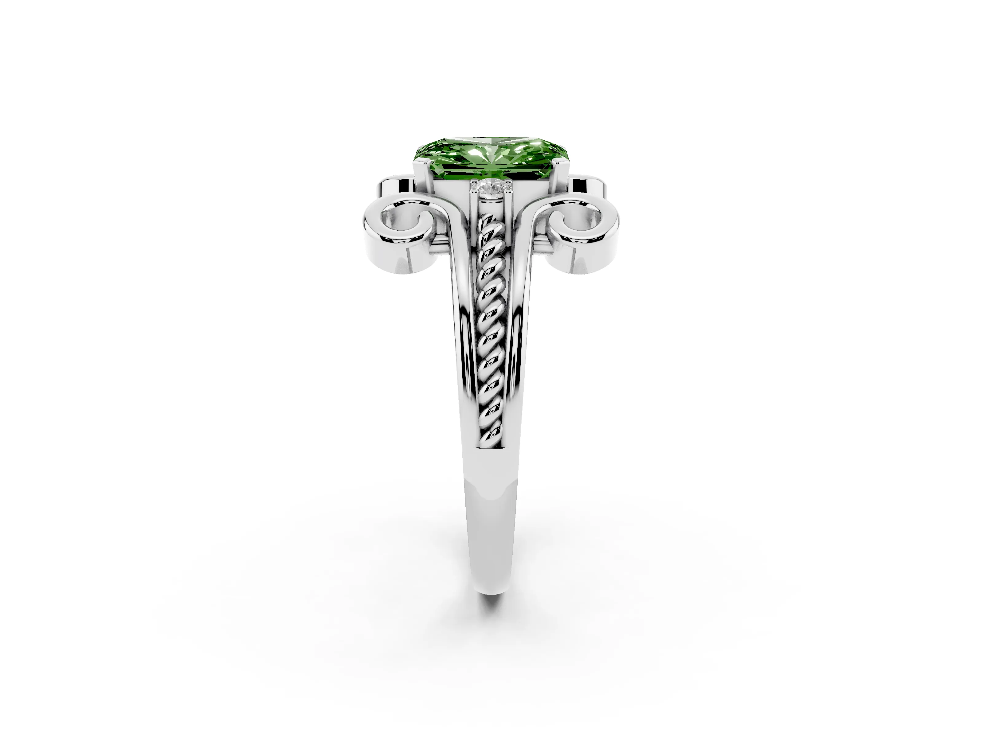 Fancy Green Radiant Cut Diamond Twisted Band Solitaire Ring Set in Platinum with Scroll Prongs