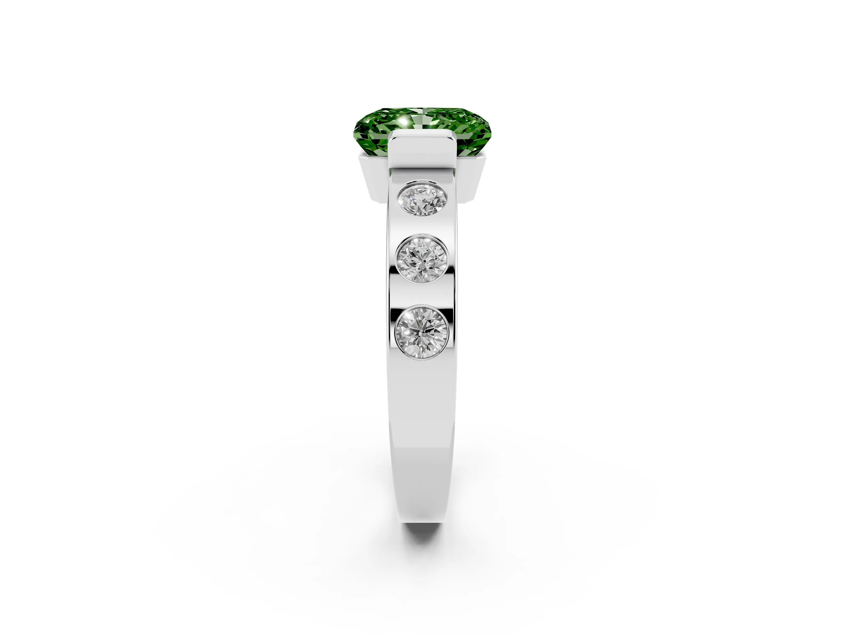 Fancy Green Radiant Cut Diamond Channel-Set Band Ring Set in Silver with Bezel Prong Setting