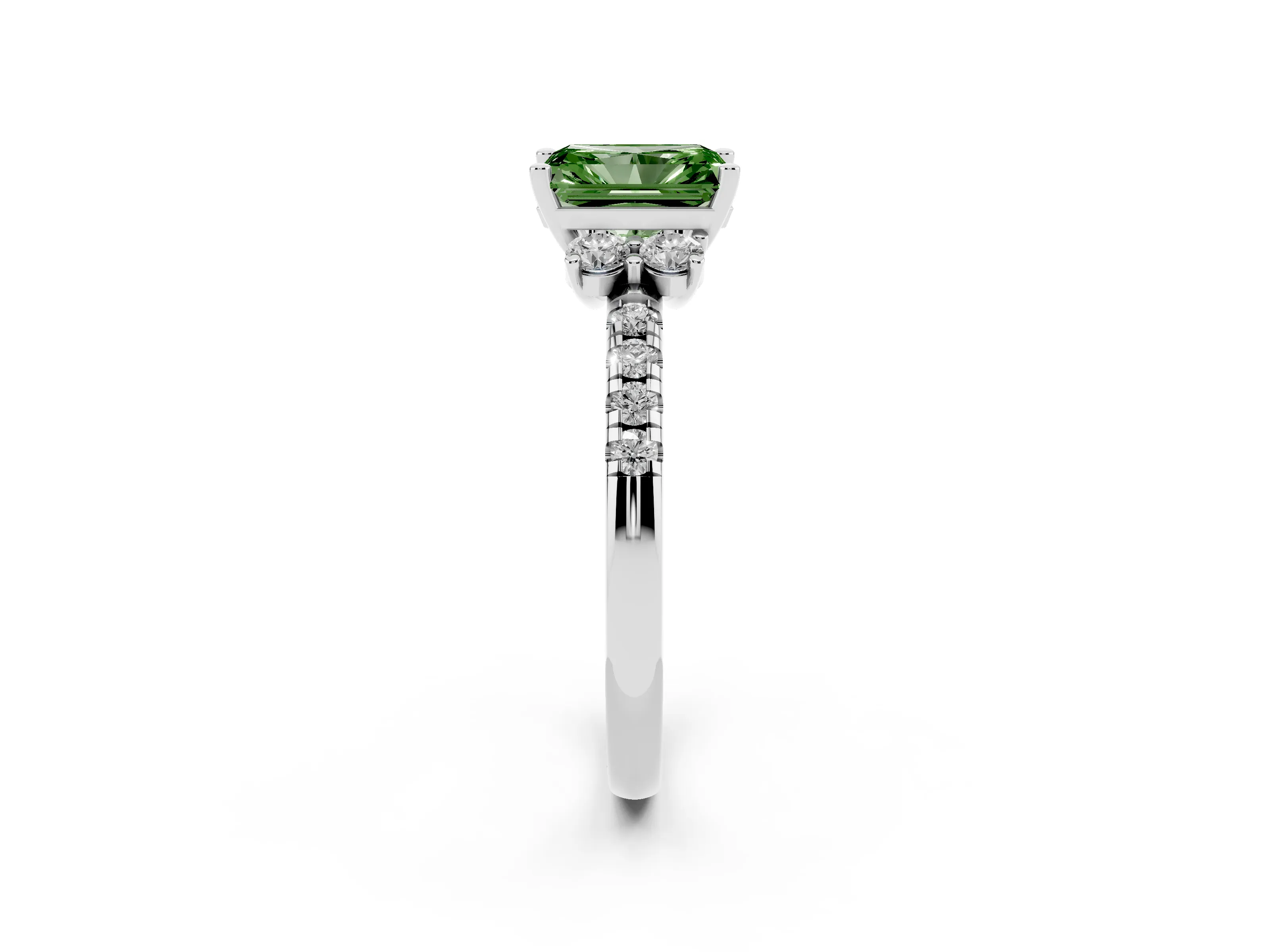 Fancy Green Radiant Cut Diamond Three-Stone Pavé Ring Set in Platinum with Prong Setting