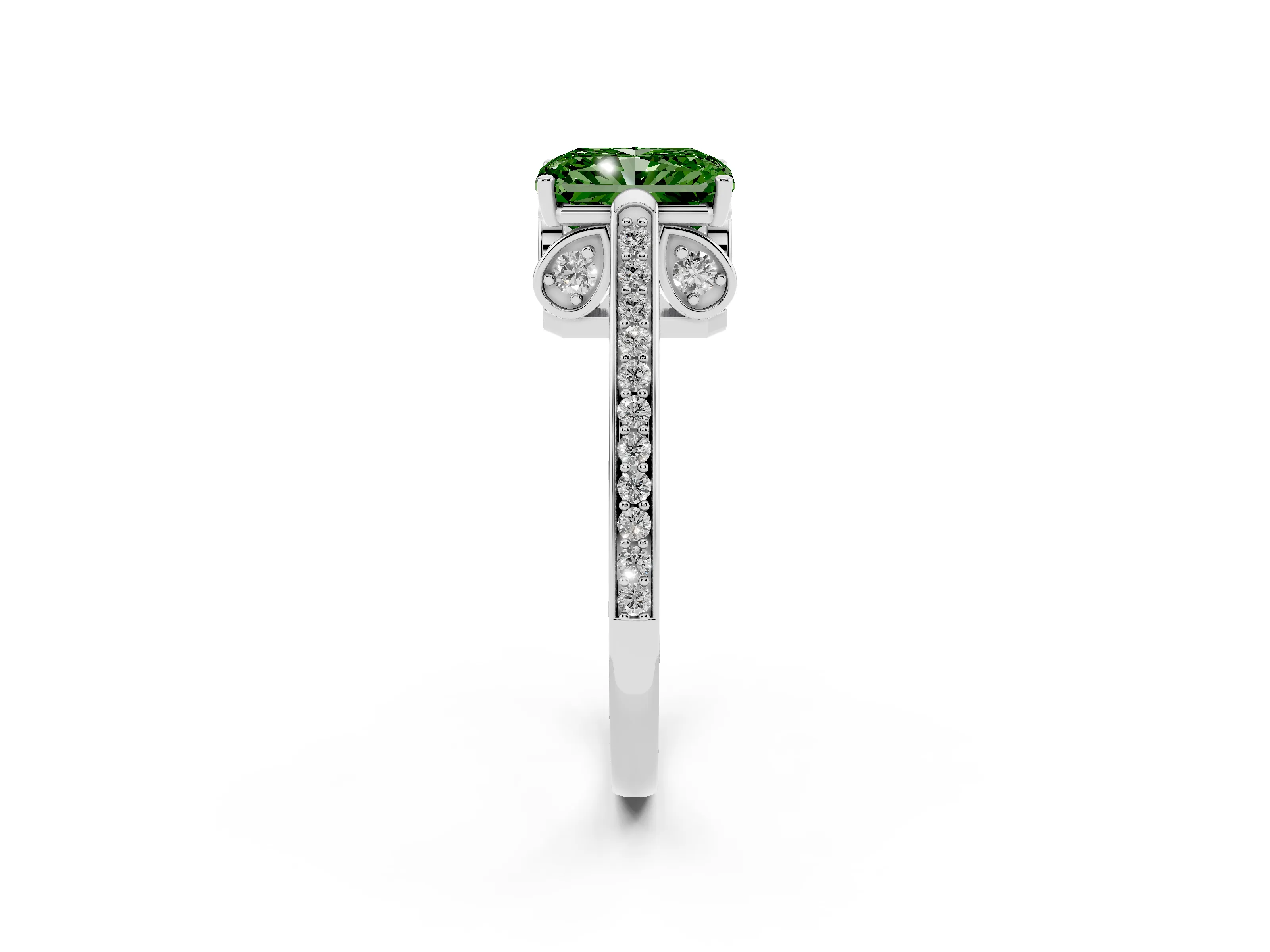 Fancy Green Radiant Cut Diamond Cathedral Pavé Engagement Ring Set in Platinum with Prong Setting