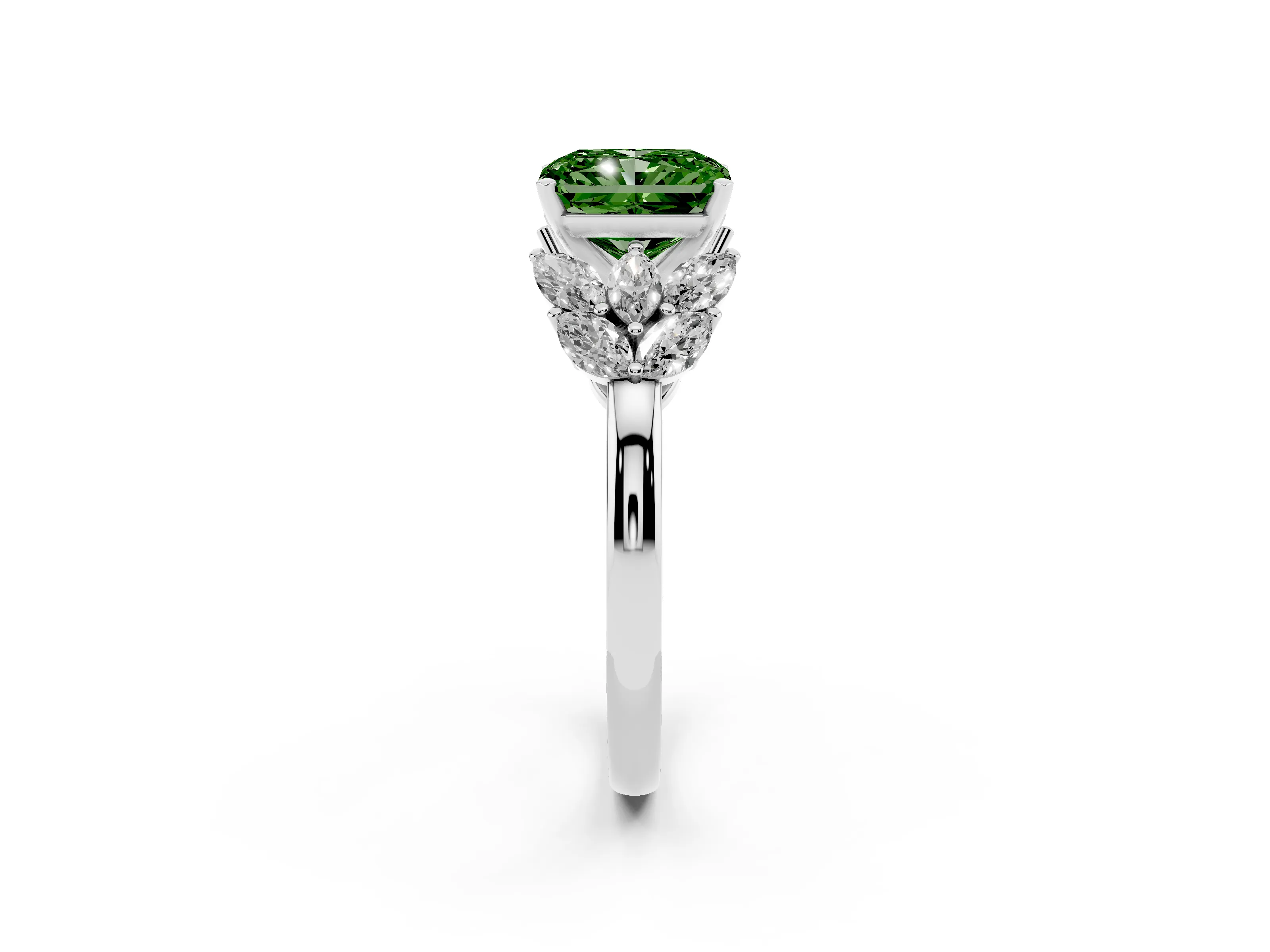 Fancy Green Radiant Cut Diamond Cluster Leaf Design Ring Set in White gold with Prong Setting