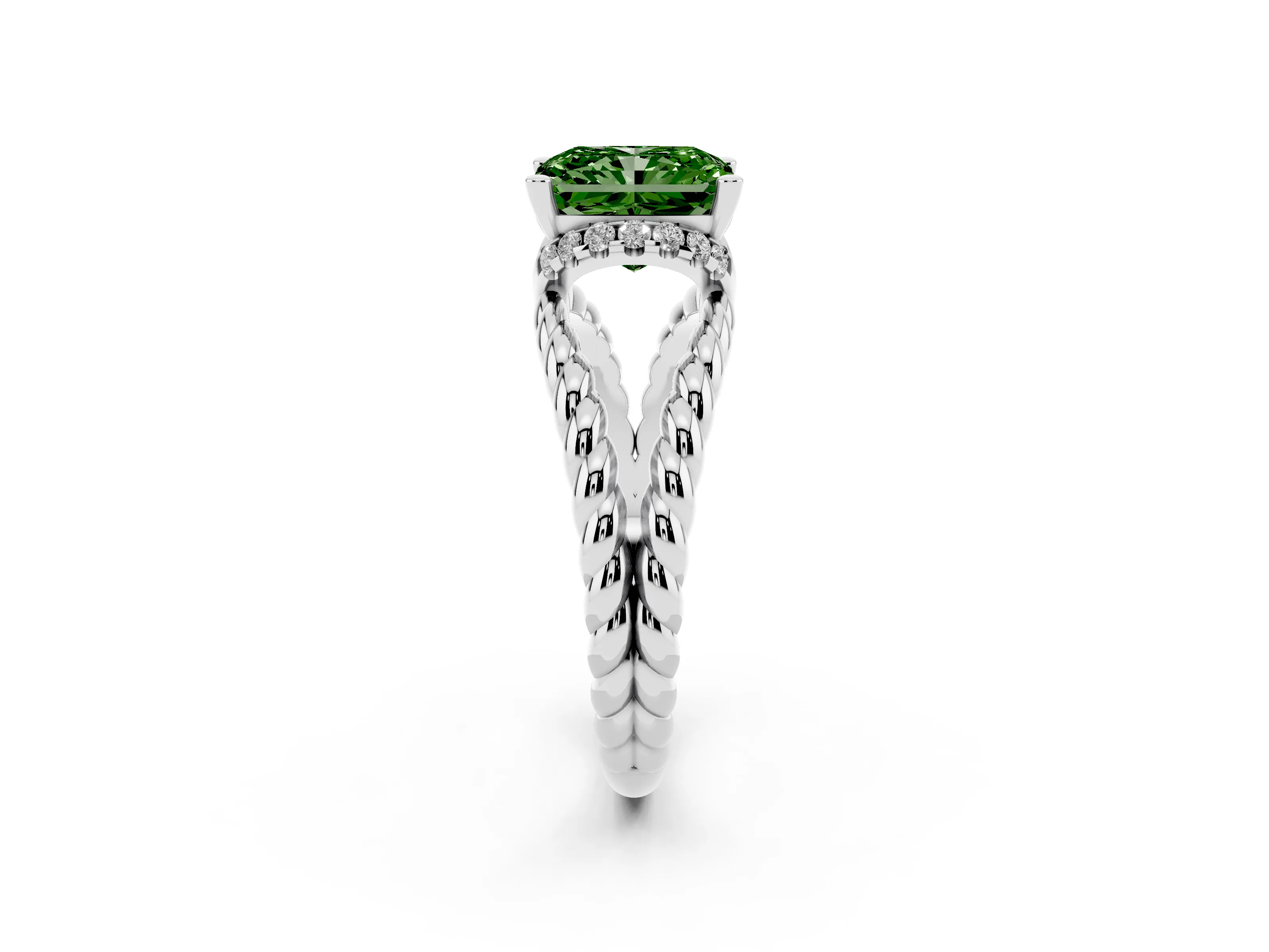 Fancy Green Radiant Cut Diamond Halo Ring Set in White gold with Twisted Band and Prong Setting