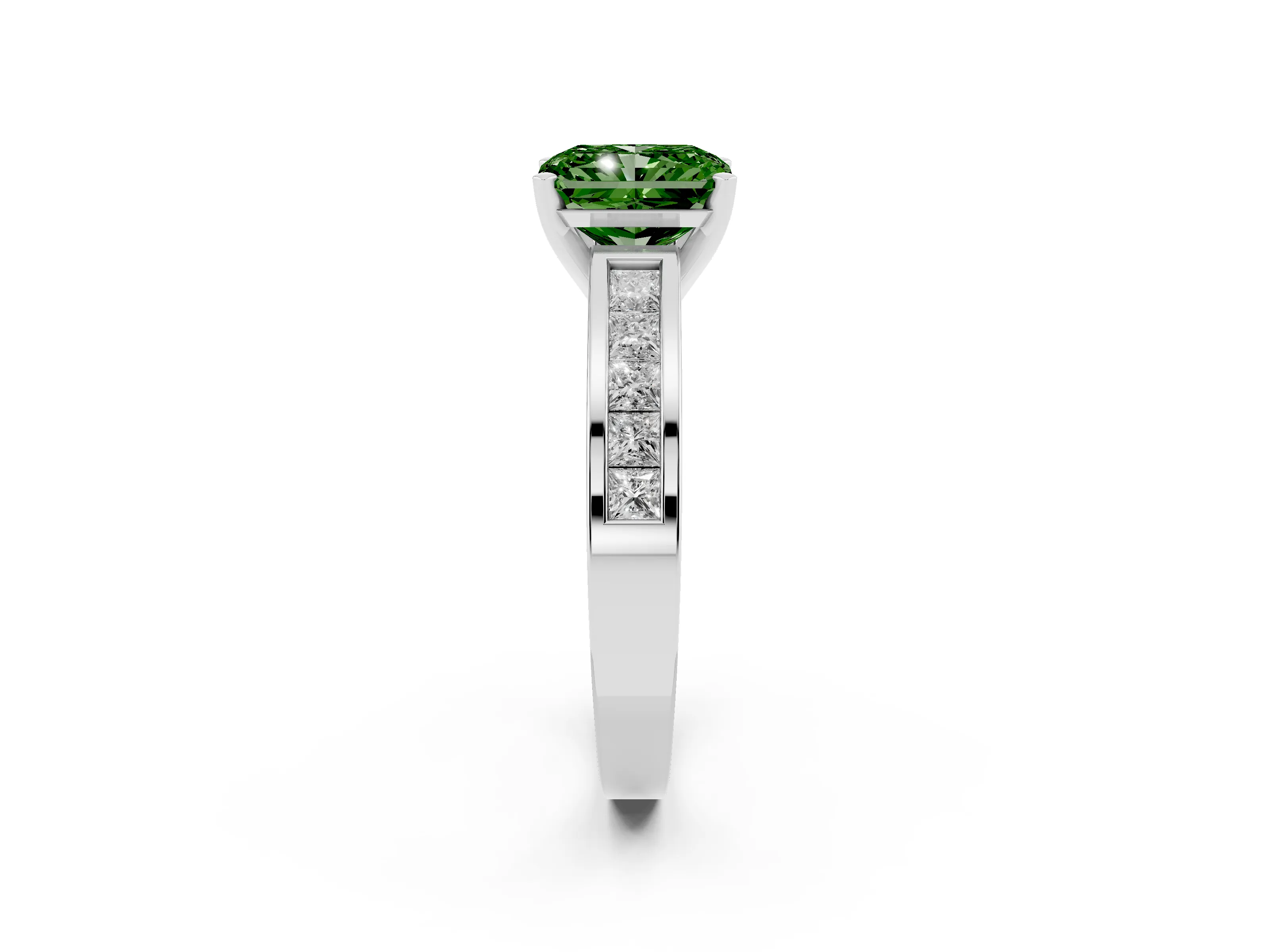 Fancy Green Radiant Cut Diamond Solitaire Ring Set in White gold with Channel-Set Band and Prong Setting