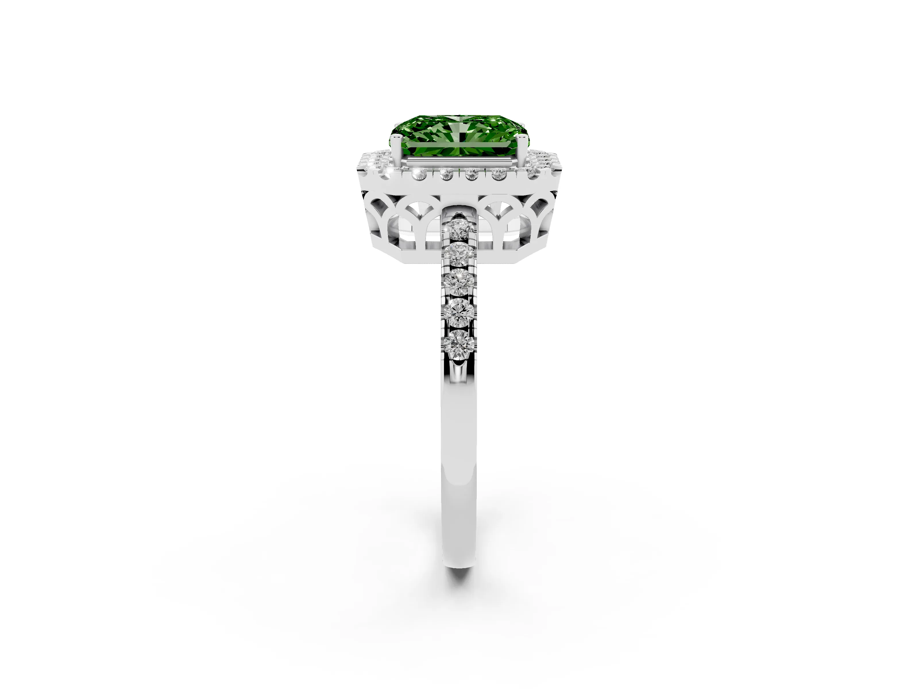 Fancy Green Radiant Cut Diamond Pavé Band Halo Engagement Ring Set in White gold with Prong Setting