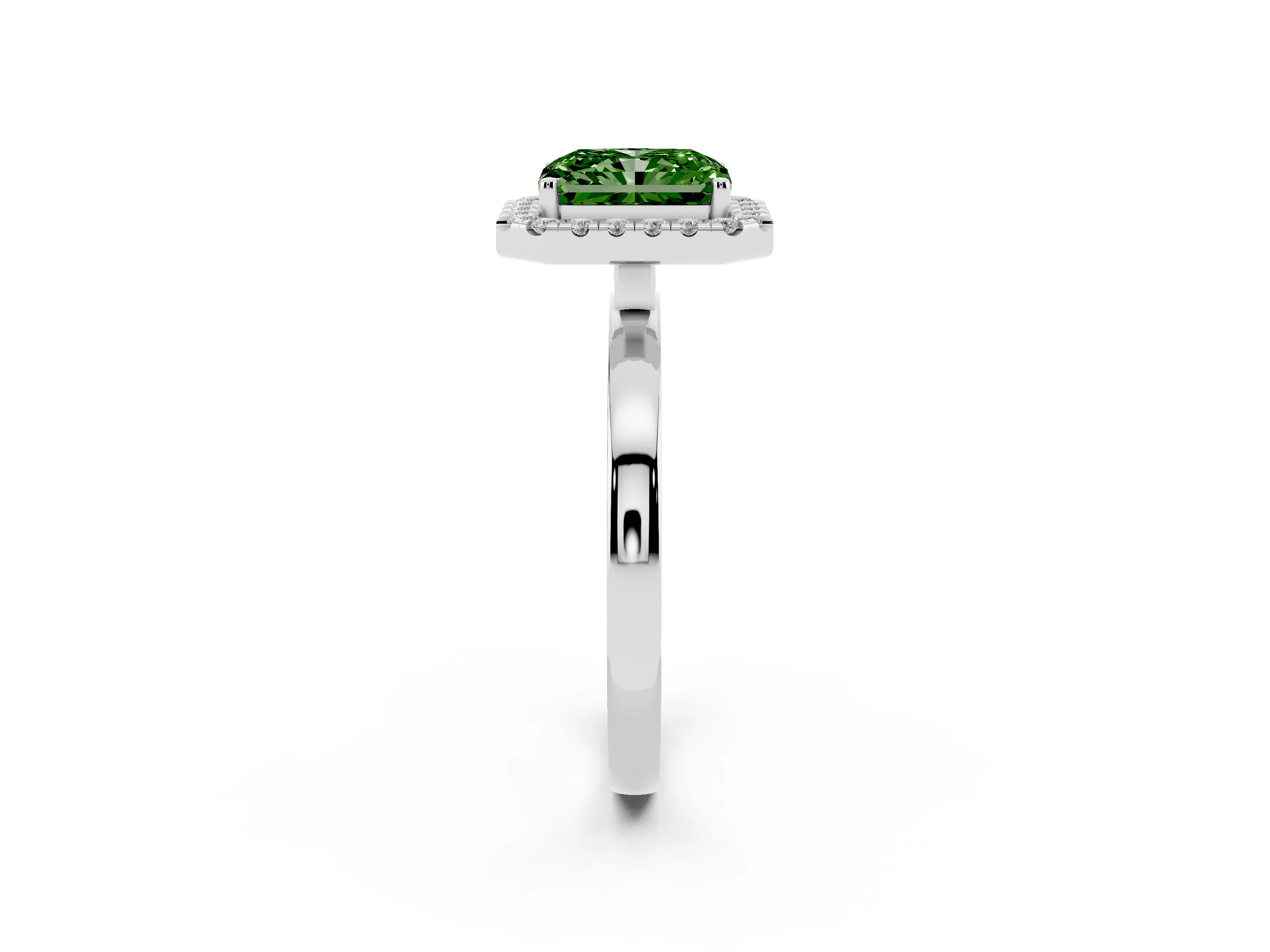 Fancy Green Radiant Cut Diamond Halo Solitaire Ring Set in Platinum with Pavé Band and Prong Setting