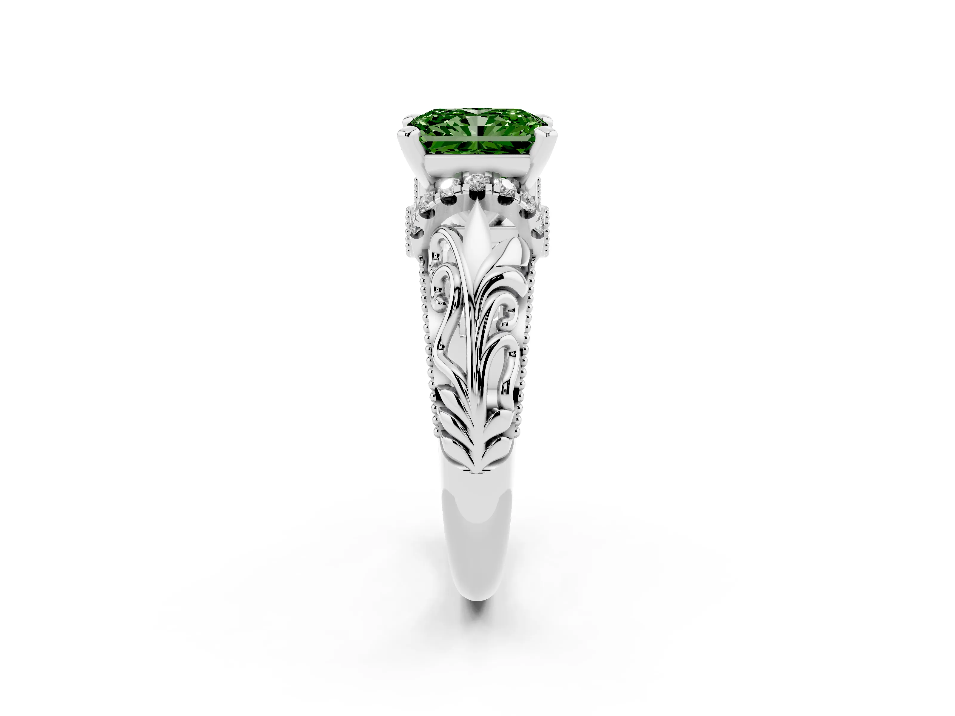 Fancy Green Radiant Cut Diamond Filigree Halo Engagement Ring Set in White gold with Prong Setting