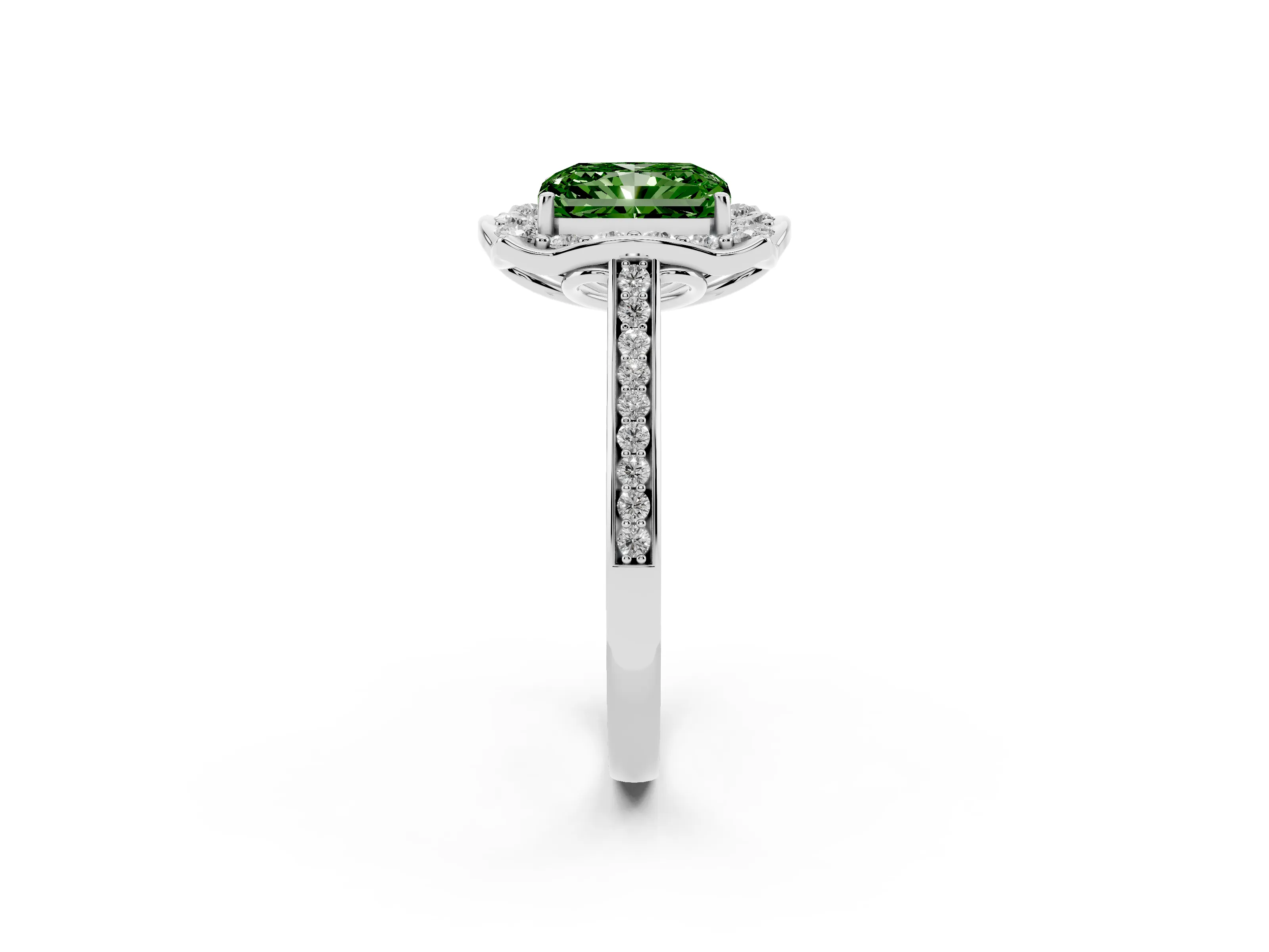 Fancy Green Radiant Cut Diamond Halo Ring Set in White gold with Pavé-Lined Shoulders and Prong Setting