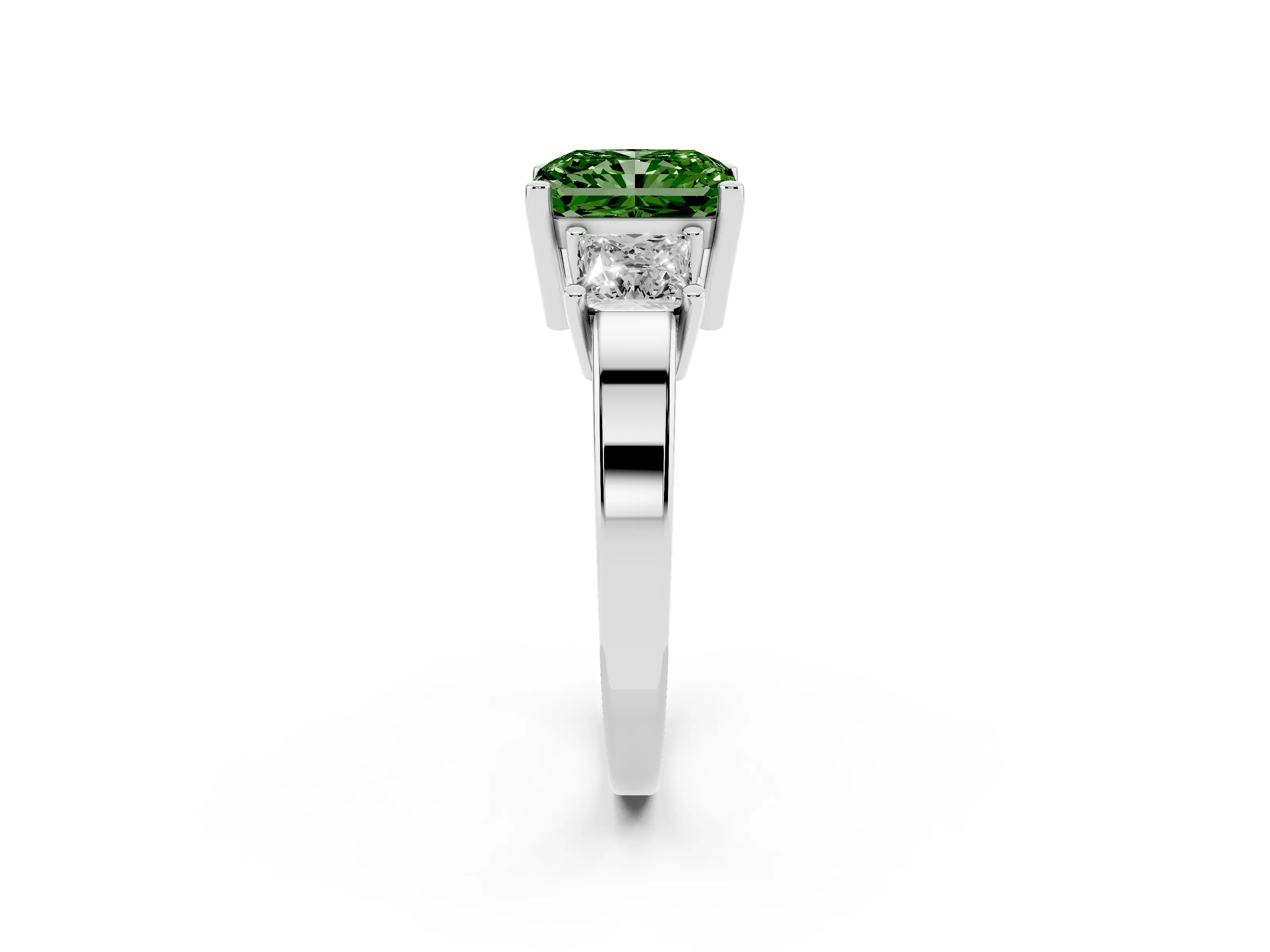 Fancy Green Three-Stone Radiant Cut Diamond Solitaire Ring Set in Platinum with Prong Setting