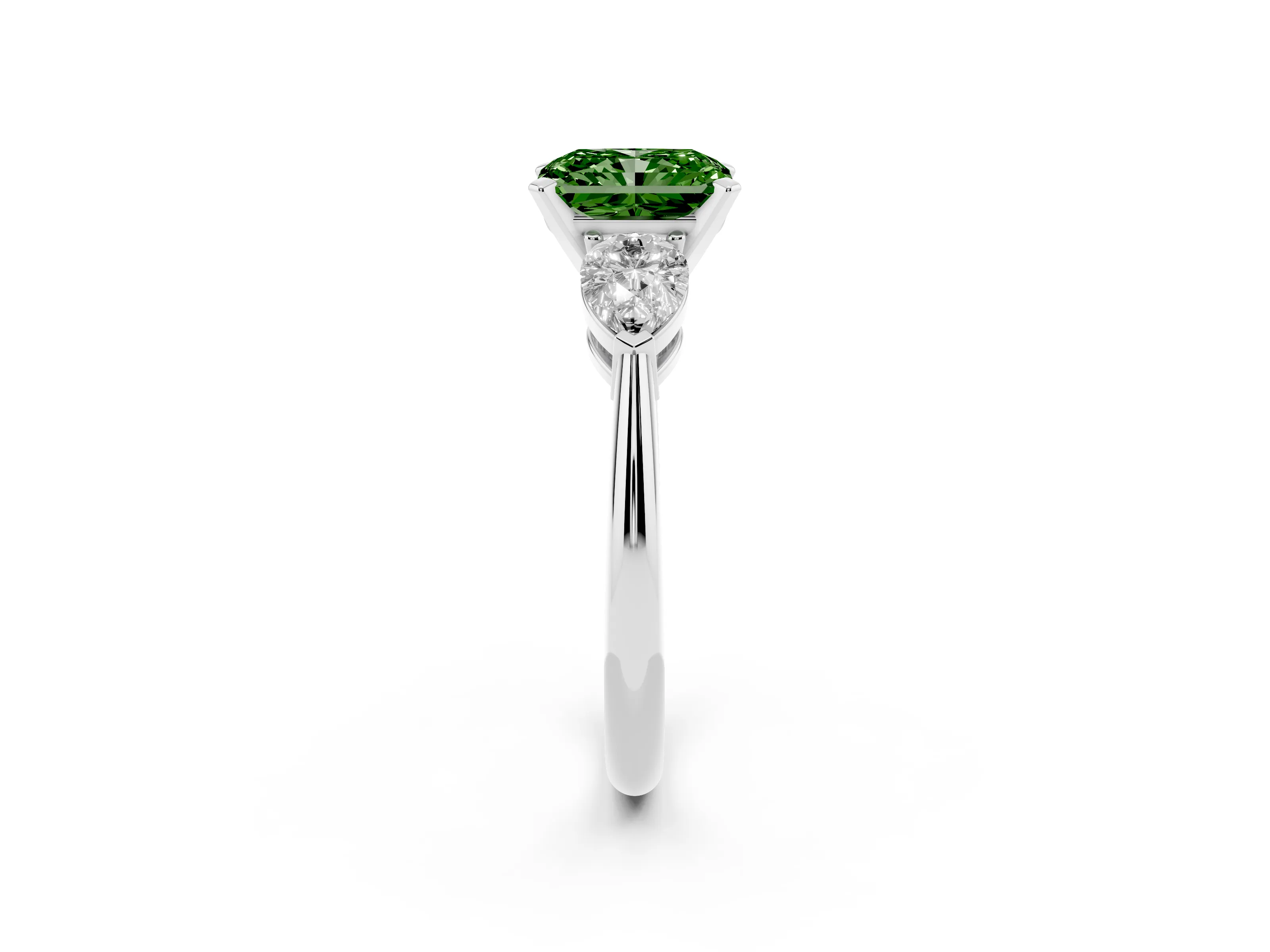 Fancy Green Three-Stone Radiant Cut Diamond Ring Set in Platinum with Pear Side Stones and Prong Setting