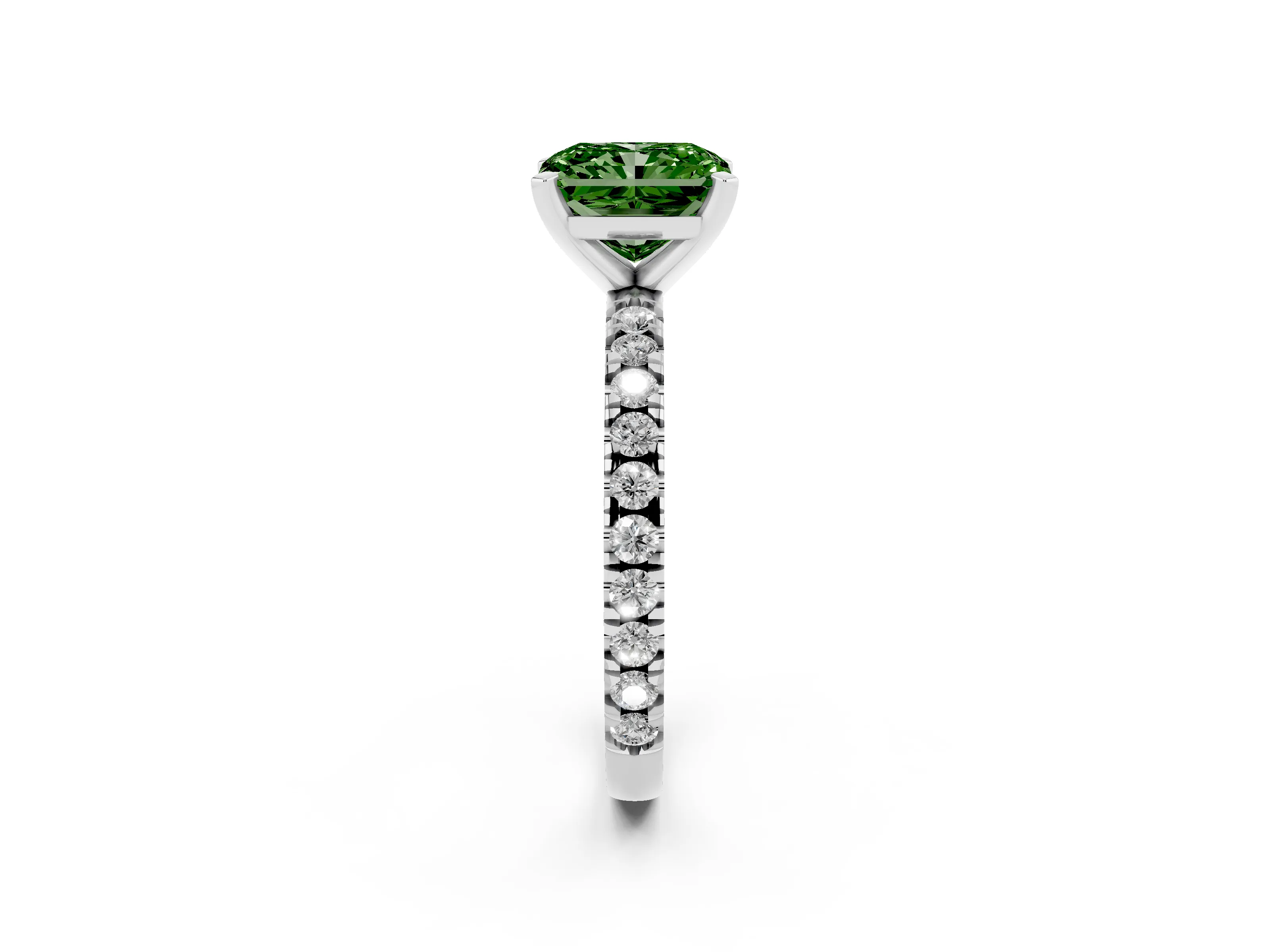 Fancy Green Radiant Cut Diamond Pavé Band Solitaire Set in Silver with Prong Setting