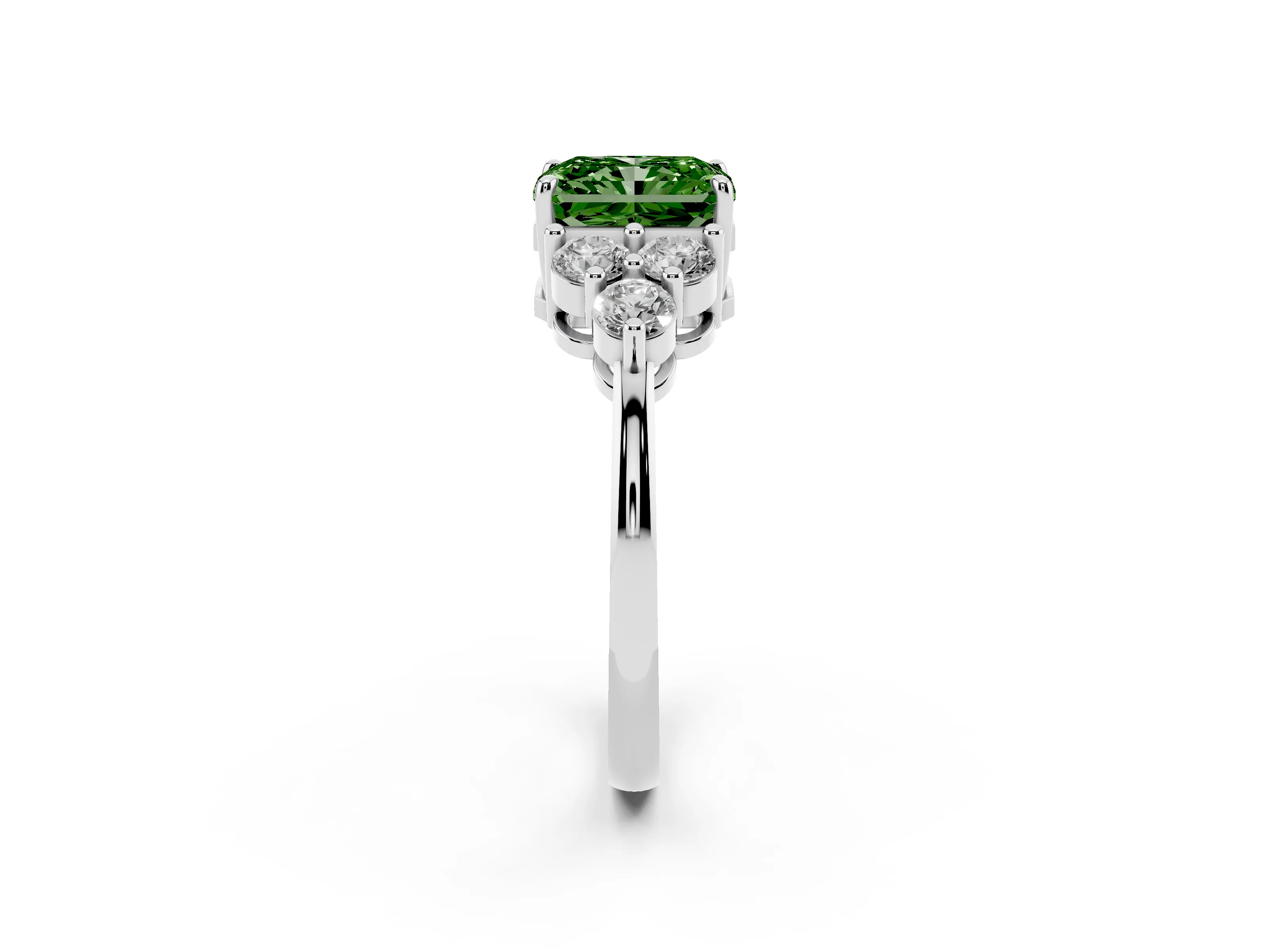 Fancy Green Radiant Cut Diamond Solitaire Ring Set in White gold with Cluster Accents on Each Side