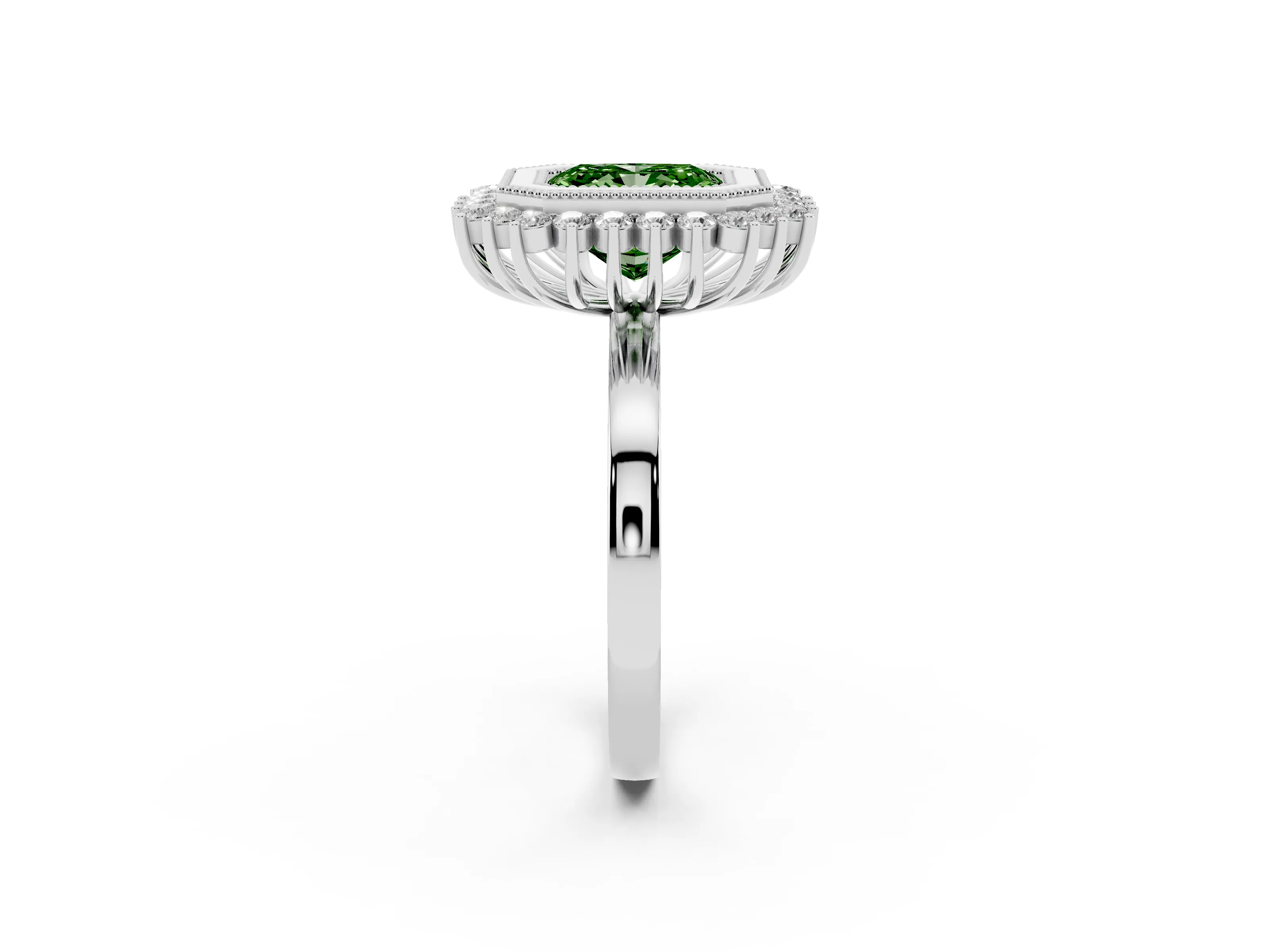 Fancy Green Radiant Cut Diamond Halo Ring Set in Platinum with Milgrain Edge and Round Prong Setting