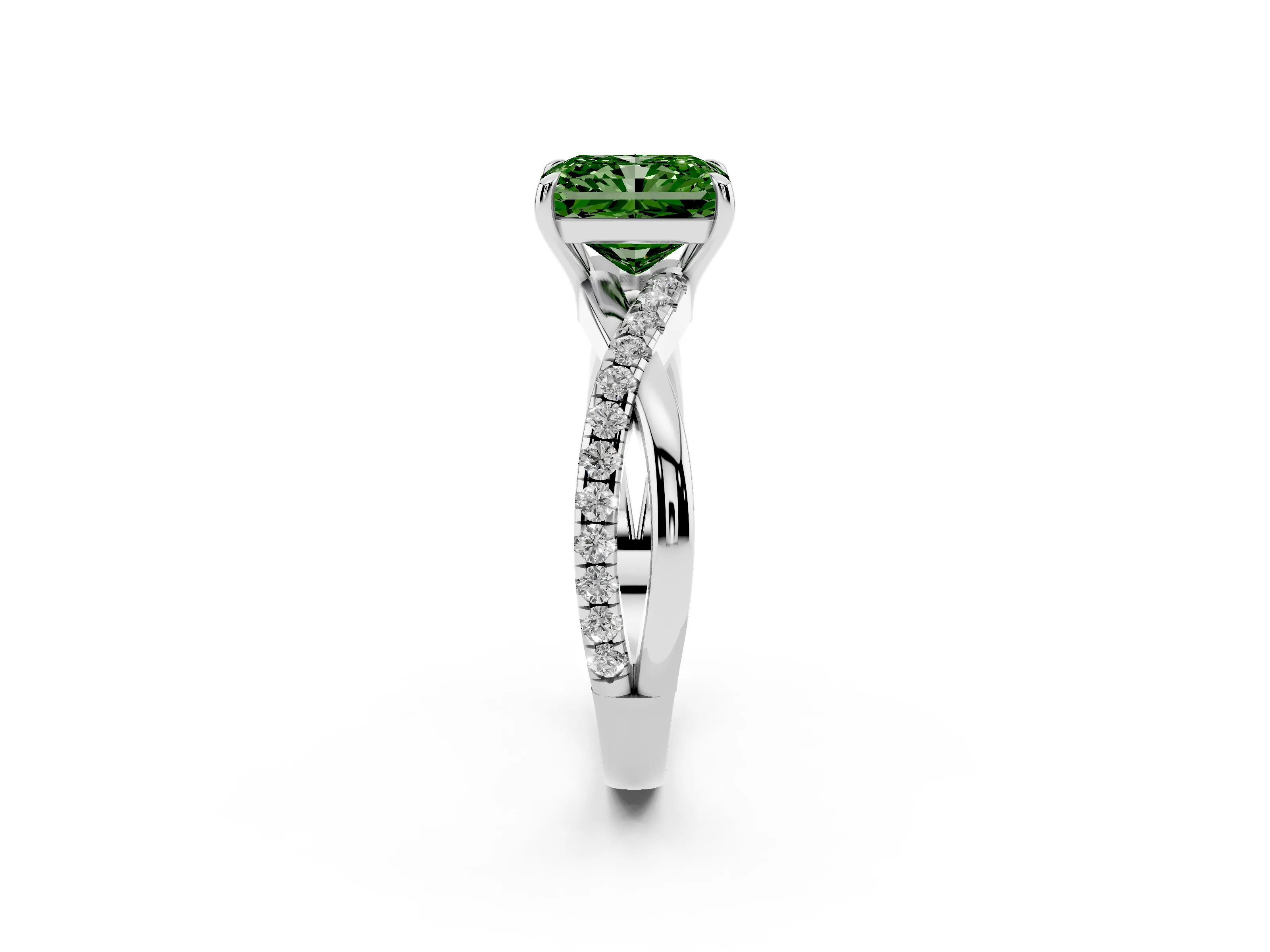 Fancy Green Radiant Cut Diamond Twisted Pavé Band Ring Set in Silver with Prong Setting