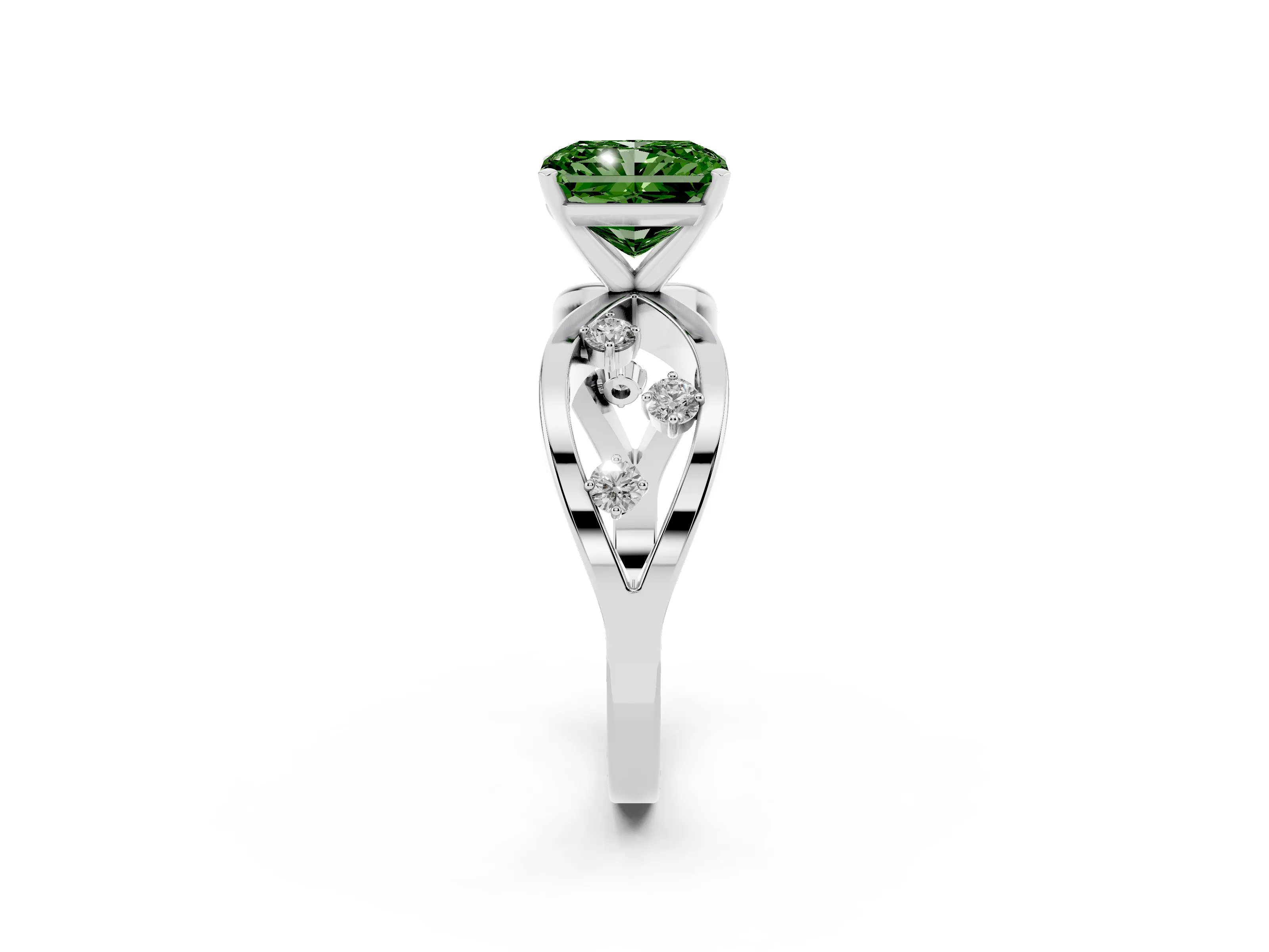 Fancy Green Radiant Cut Diamond Solitaire Ring Set in Platinum with Side Stones on Criss-Cross Band and Prong Setting