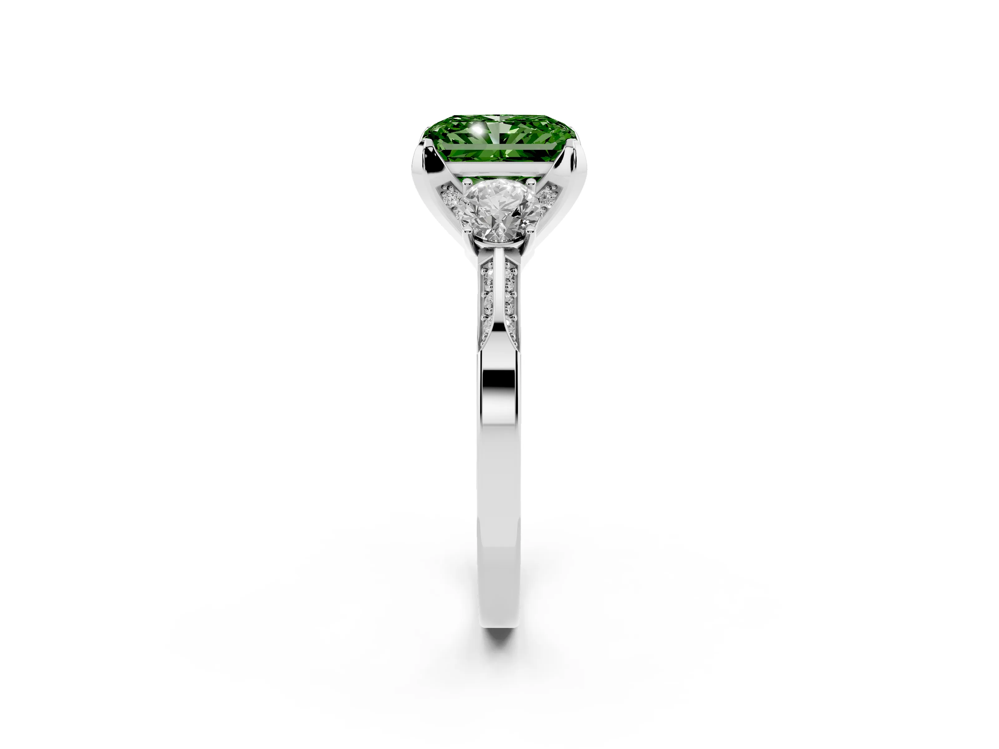 Fancy Green Radiant Cut Diamond Three-Stone Ring Set in Silver with Pavé Band and Smaller Side Stones