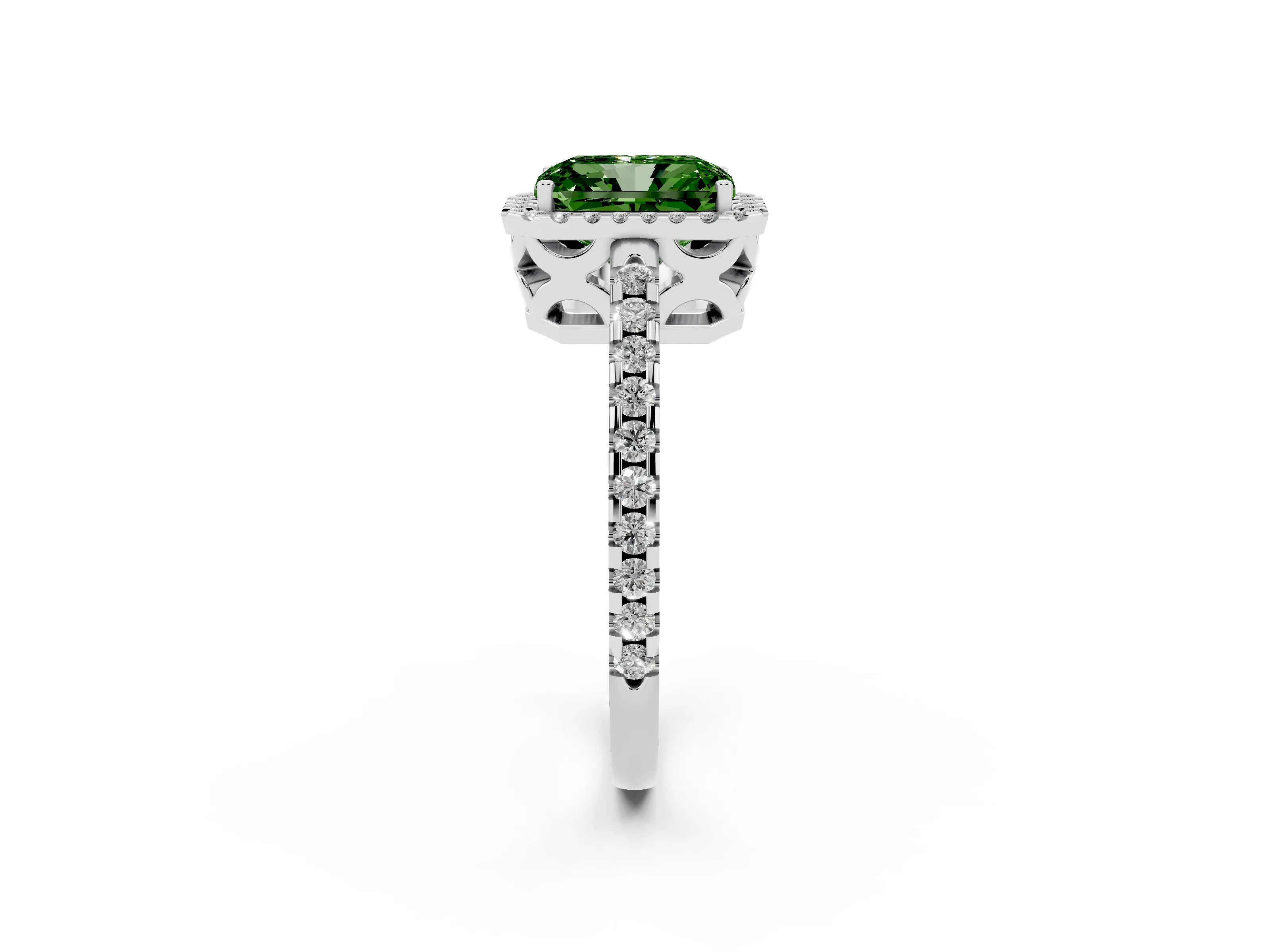 Fancy Green Radiant Cut Diamond Halo Ring Set in Platinum with Pavé Shoulders and Halo-Framed Center