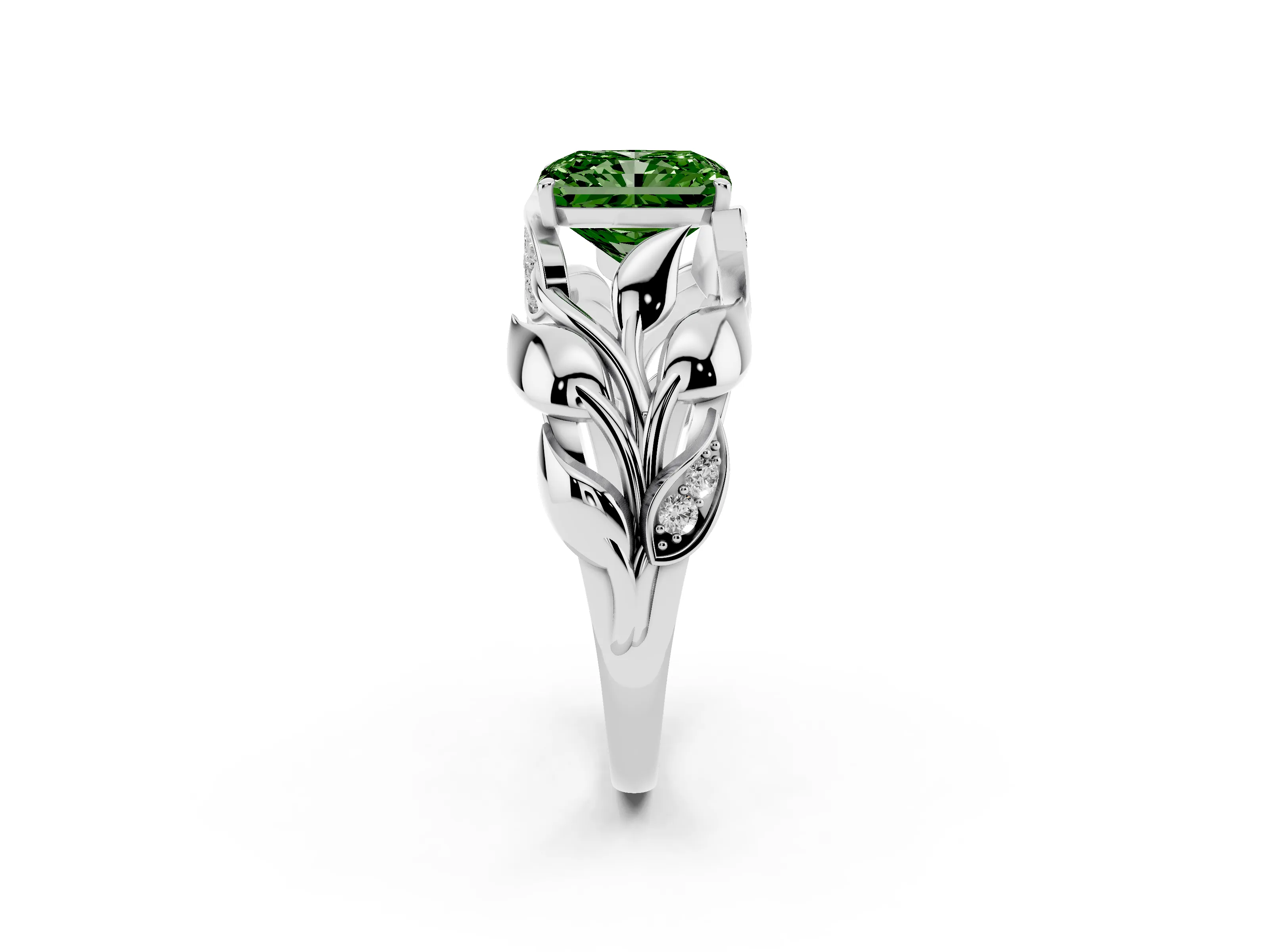 Fancy Green Radiant Cut Diamond Leaf-Inspired Engagement Ring Set in White gold with Round Accents