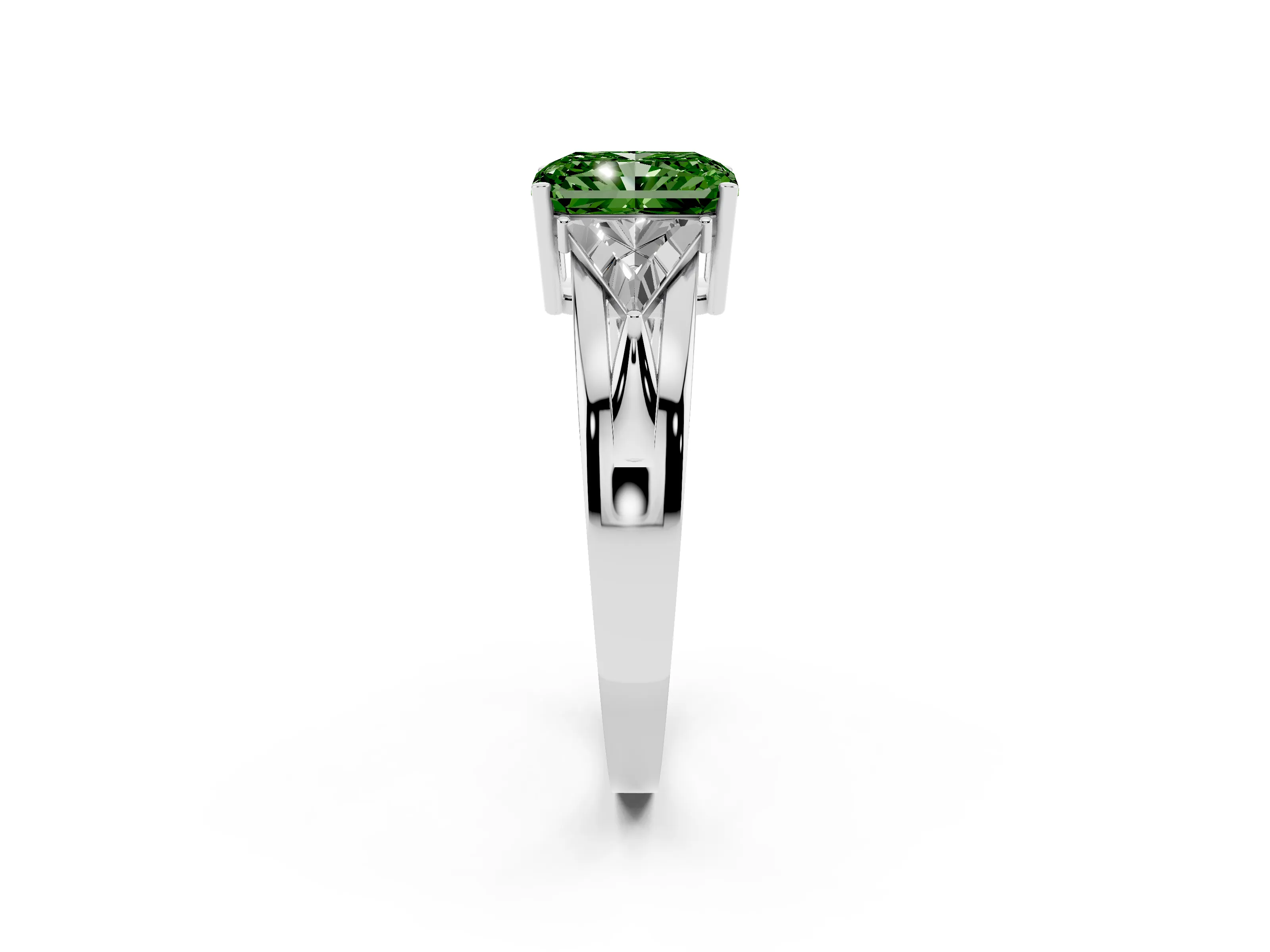Fancy Green Radiant Cut Diamond Three-Stone Ring Set in Silver with Trillion Side Stones and Split Shank