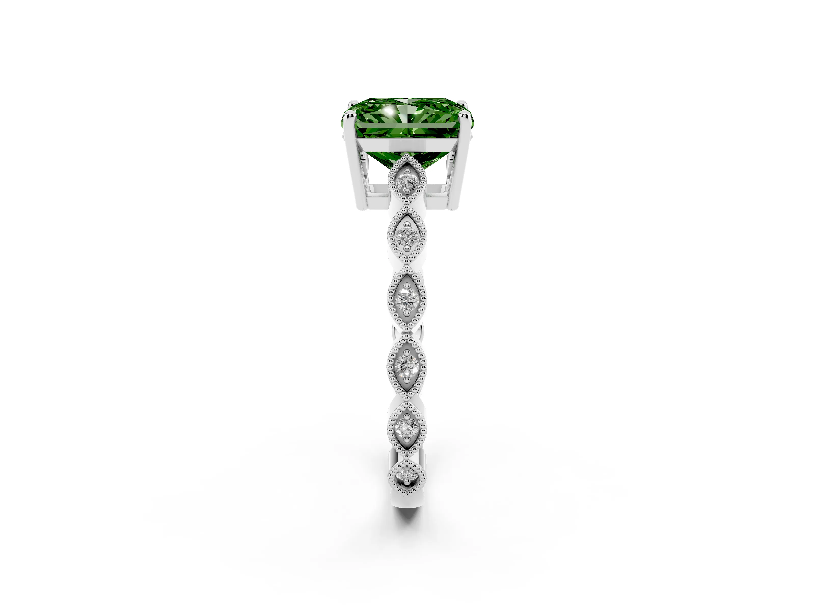 Fancy Green Radiant Cut Diamond Solitaire Ring Set in Platinum with Infinity Twist Pavé Band