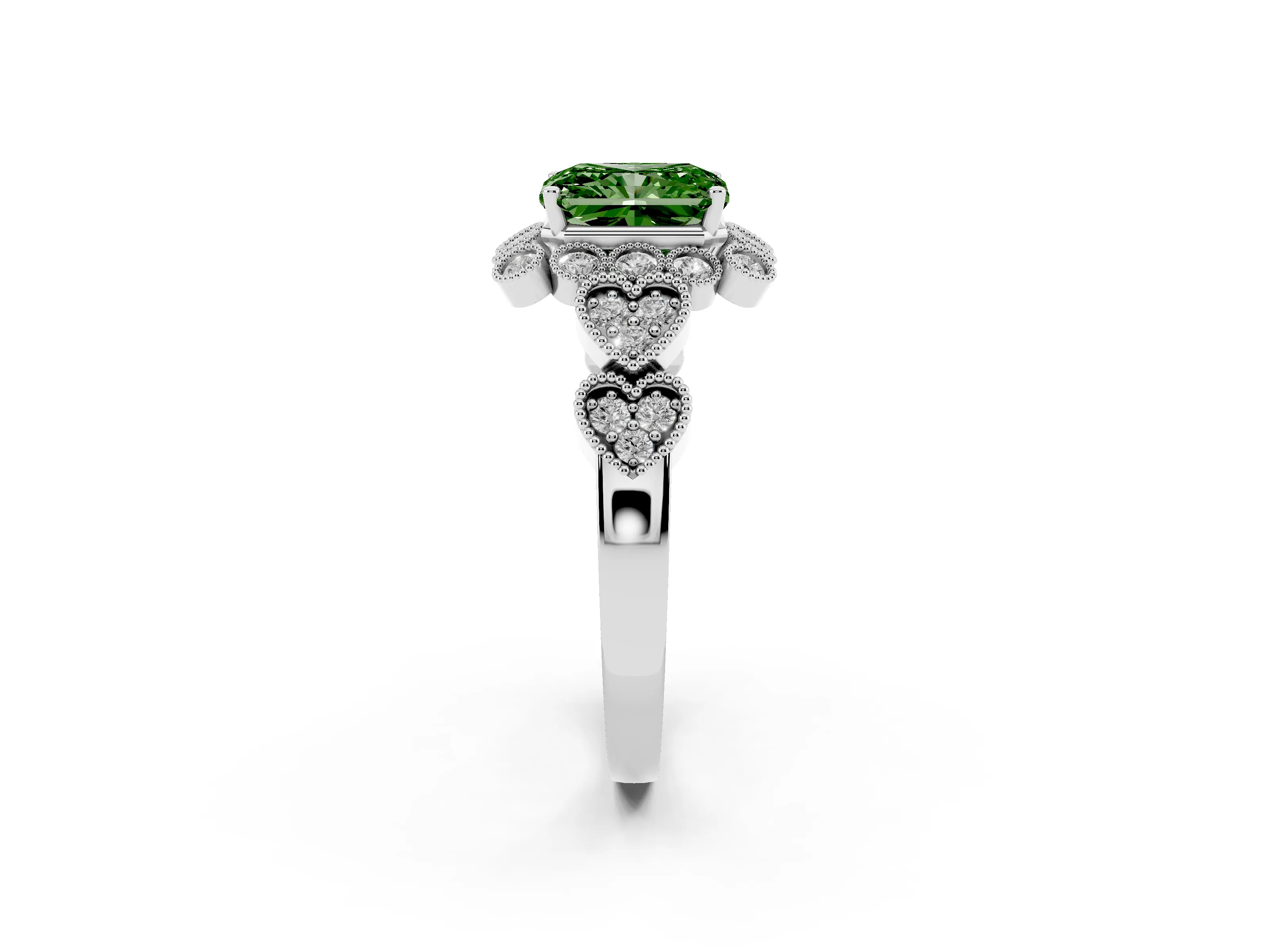 Fancy Green Radiant Cut Diamond Solitaire Ring Set in Silver with Milgrain Pavé Heart Band
