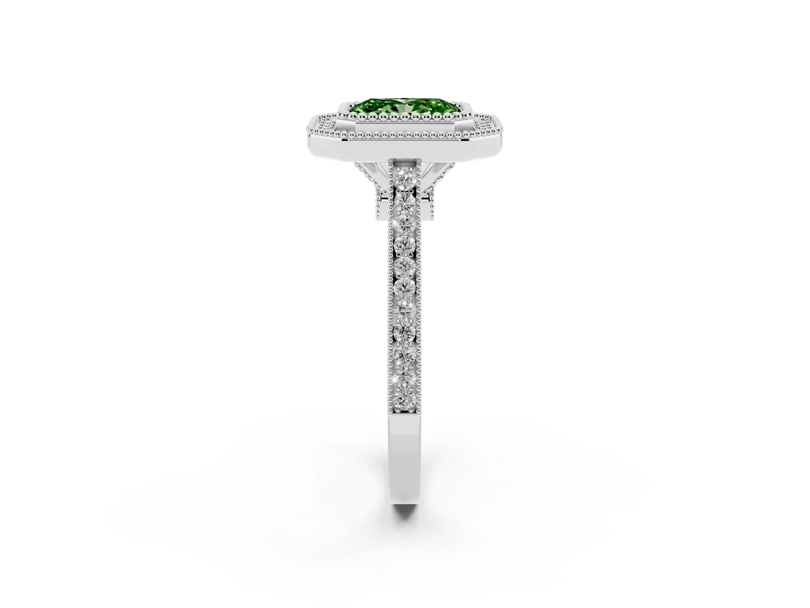 Fancy Green Radiant Cut Diamond Halo Ring Set in White gold with Milgrain Frame and Pavé Band