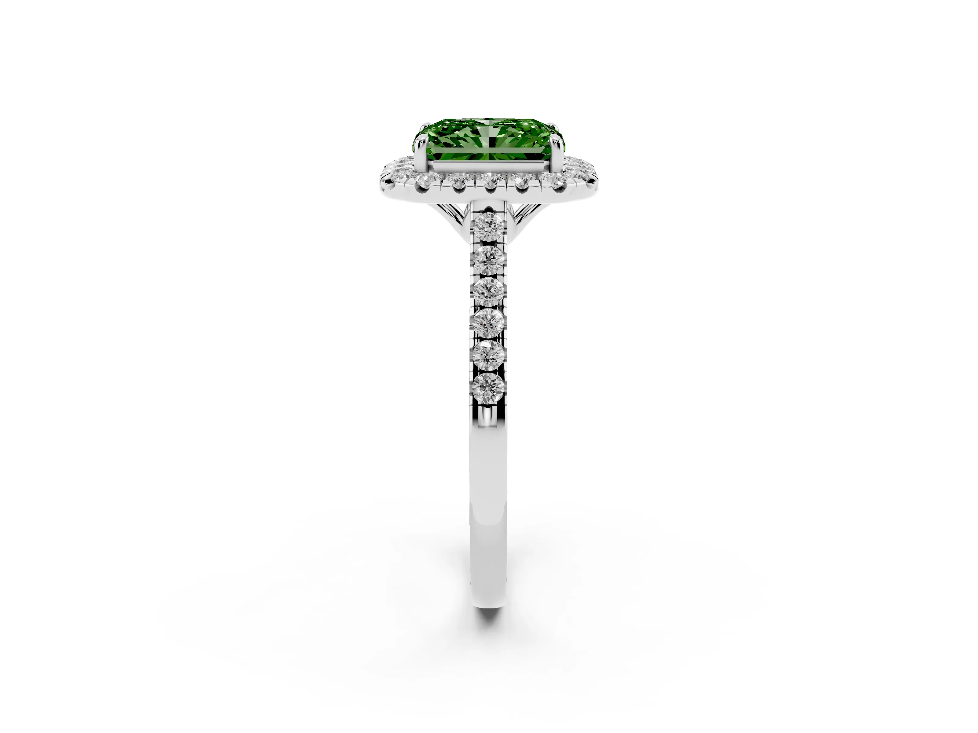 Fancy Green Radiant Cut Diamond Pavé Halo Engagement Ring Set in White gold with Pavé Band and Prong Setting