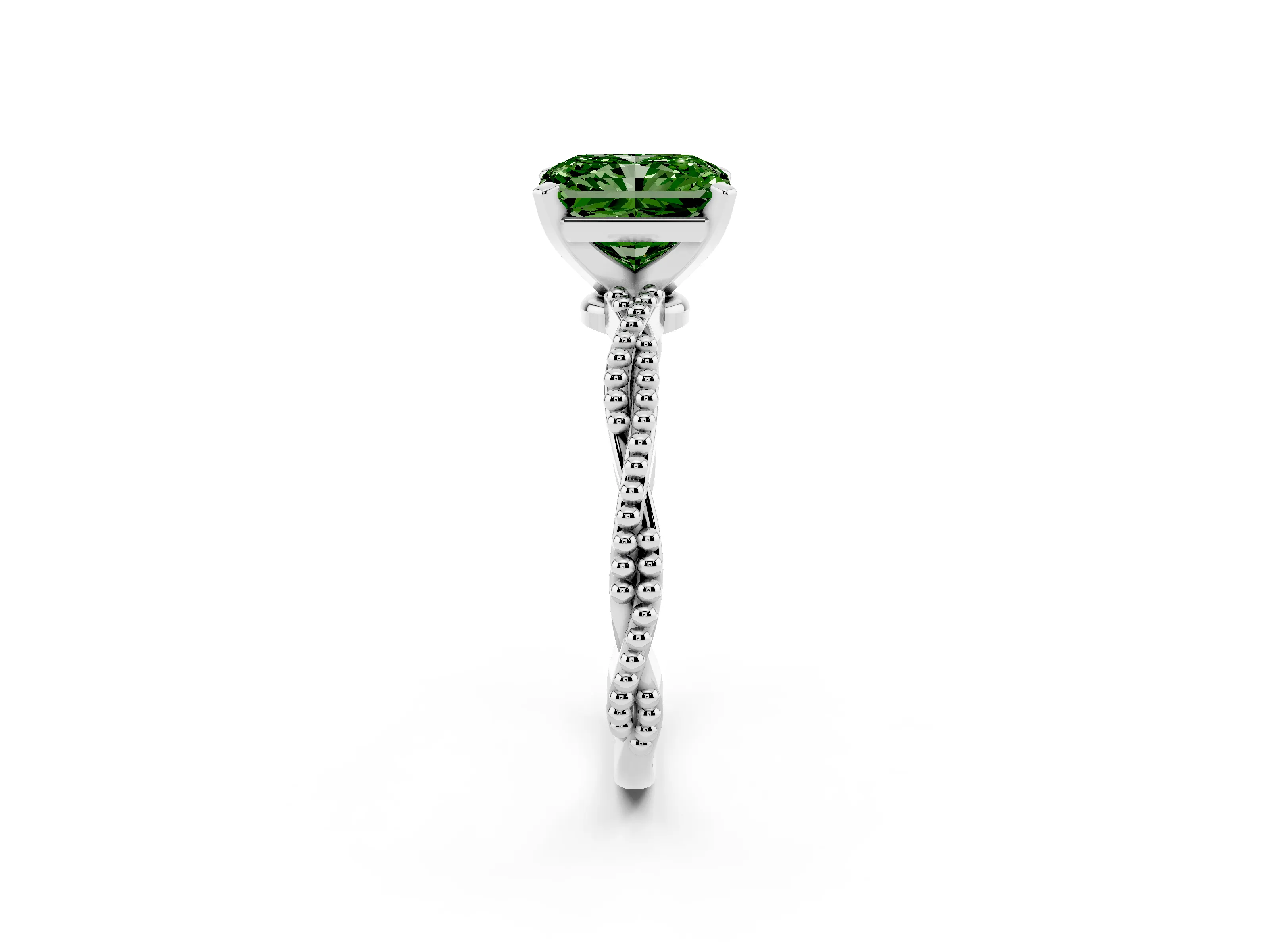 Fancy Green Radiant Cut Diamond Solitaire Ring Set in Silver with Twisted Band and Bead Prong Setting