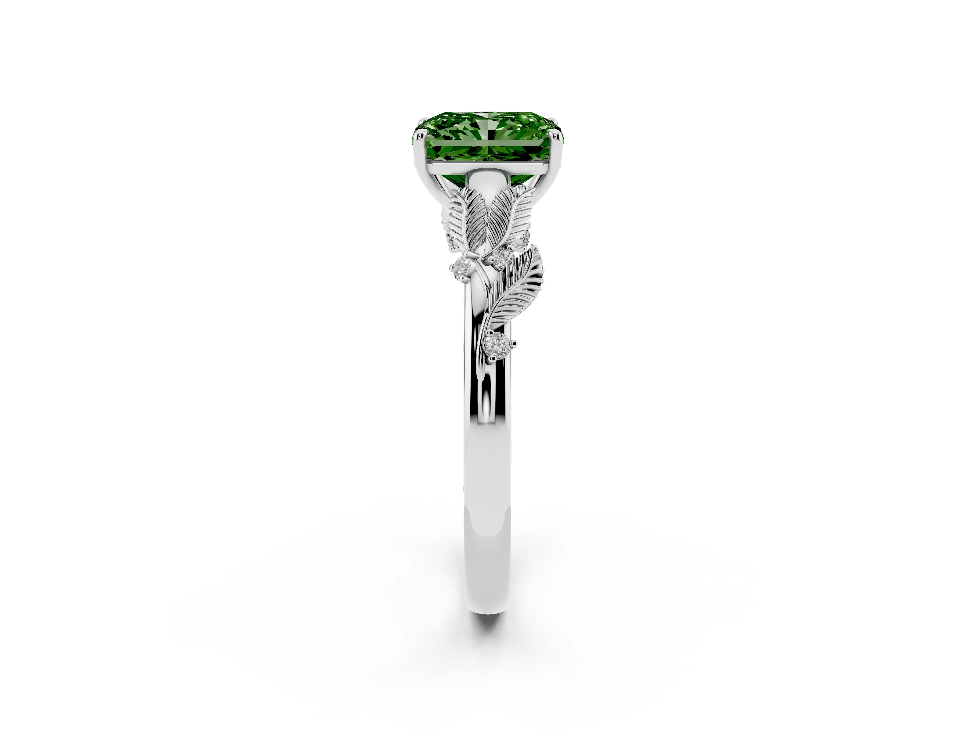 Fancy Green Radiant Cut Diamond Solitaire Ring Set in Platinum with Leaf Motif Band
