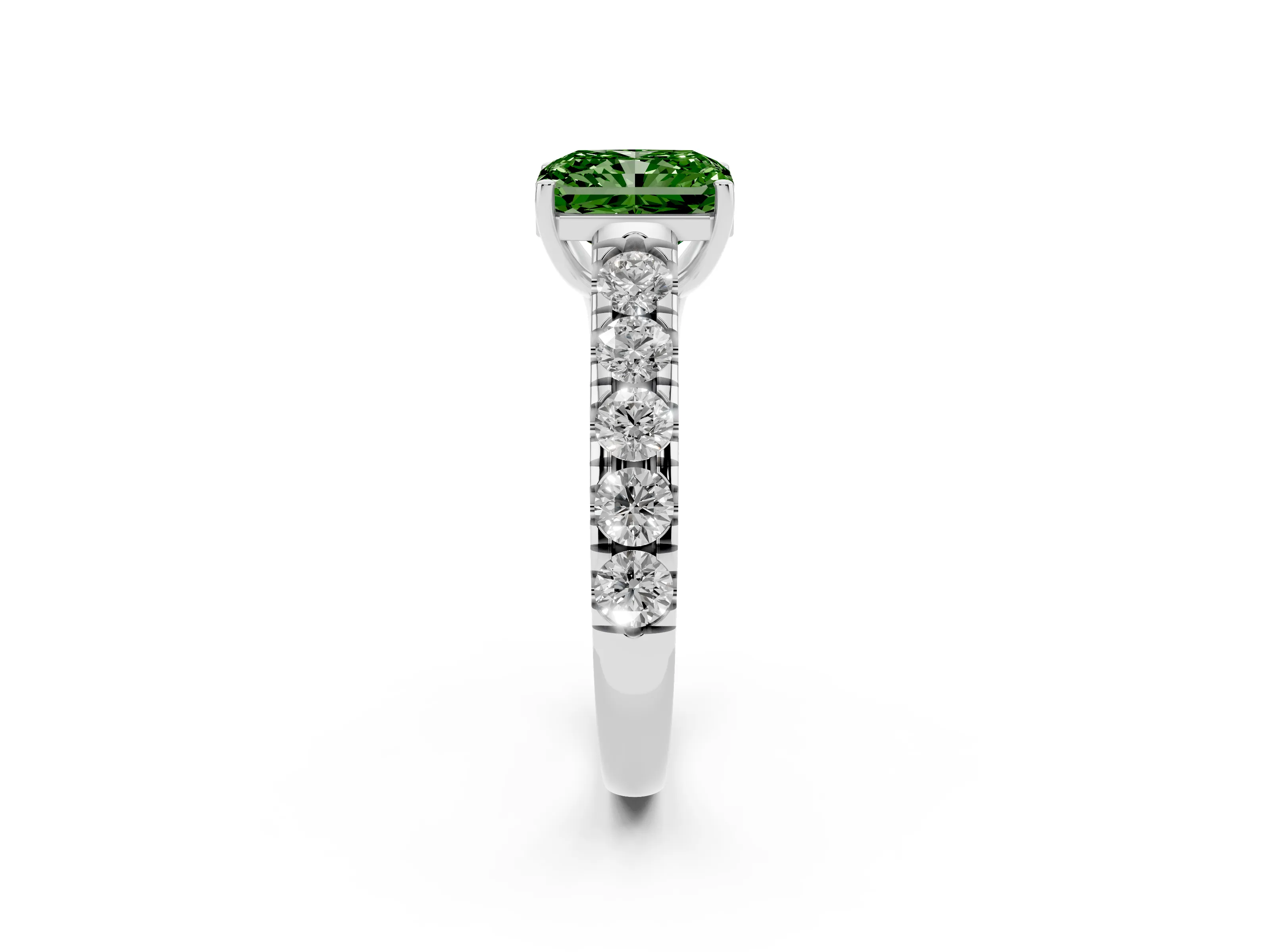 Fancy Green Radiant Cut Diamond Solitaire Ring Set in Silver with Cut-Down Micro Pavé Band and Prong Setting