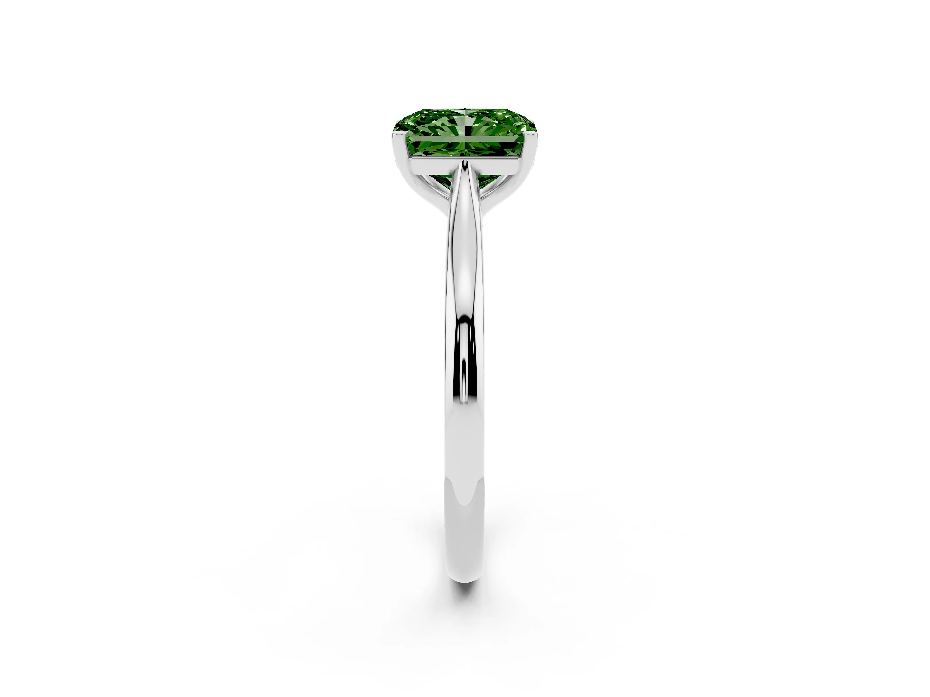 Fancy Green Radiant Cut Diamond Solitaire Ring Set in Silver with Cathedral Band and Prong Setting