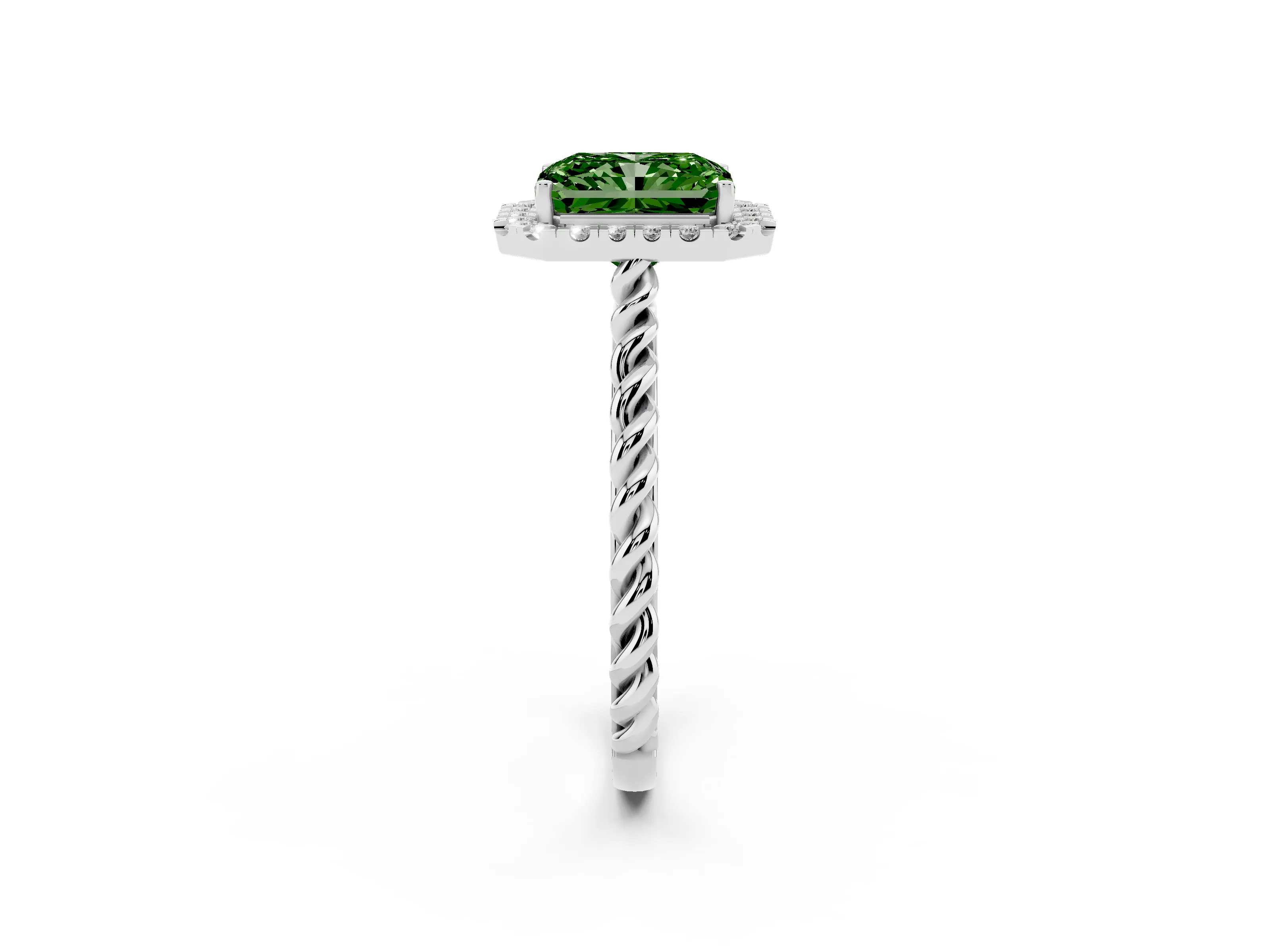 Fancy Green Radiant Cut Diamond Halo Ring Set in Platinum with Plain Twisted Band