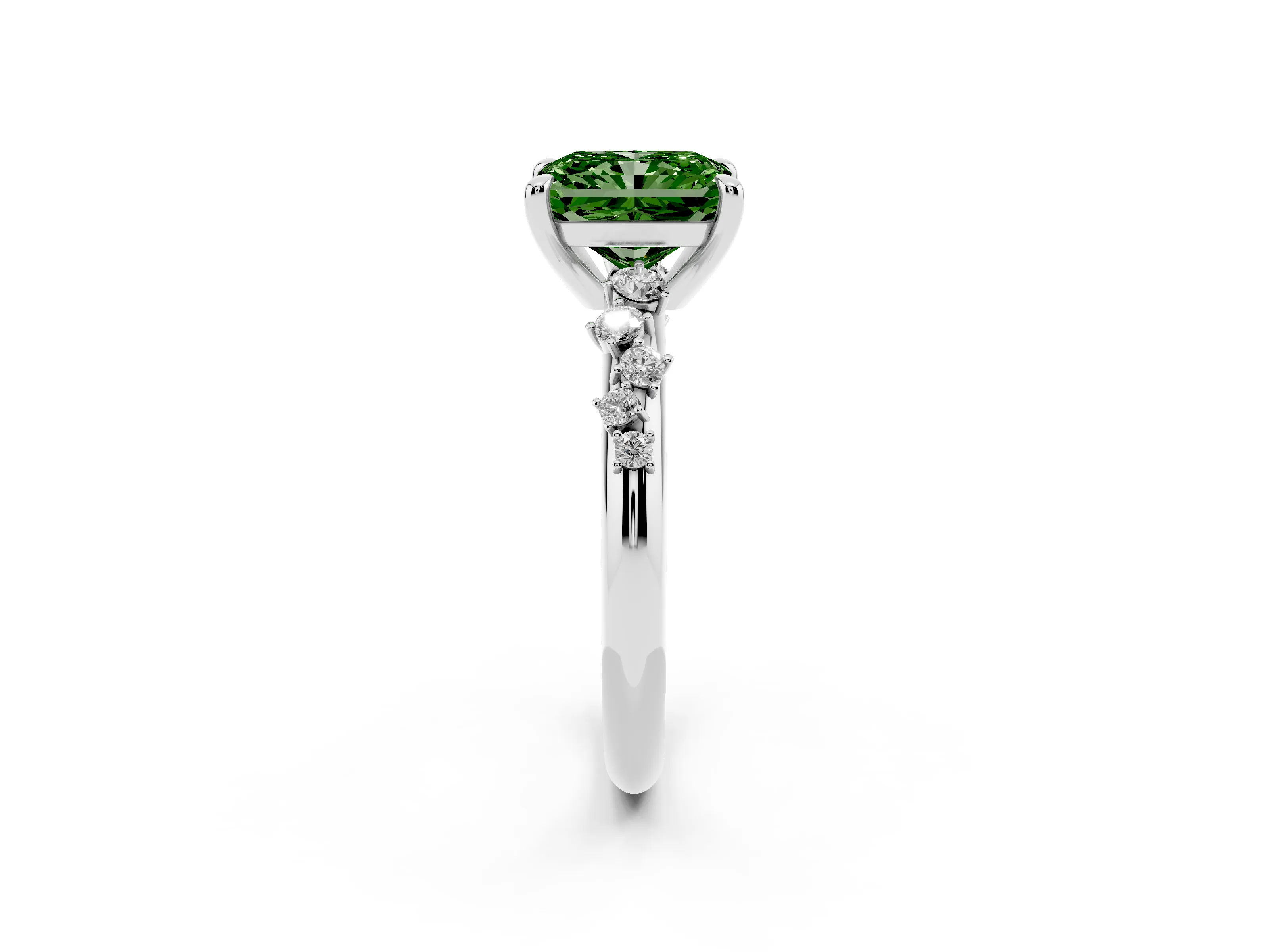 Fancy Green Radiant Cut Diamond Solitaire Vine Band Ring Set in Platinum with Round Accents and Prong Setting