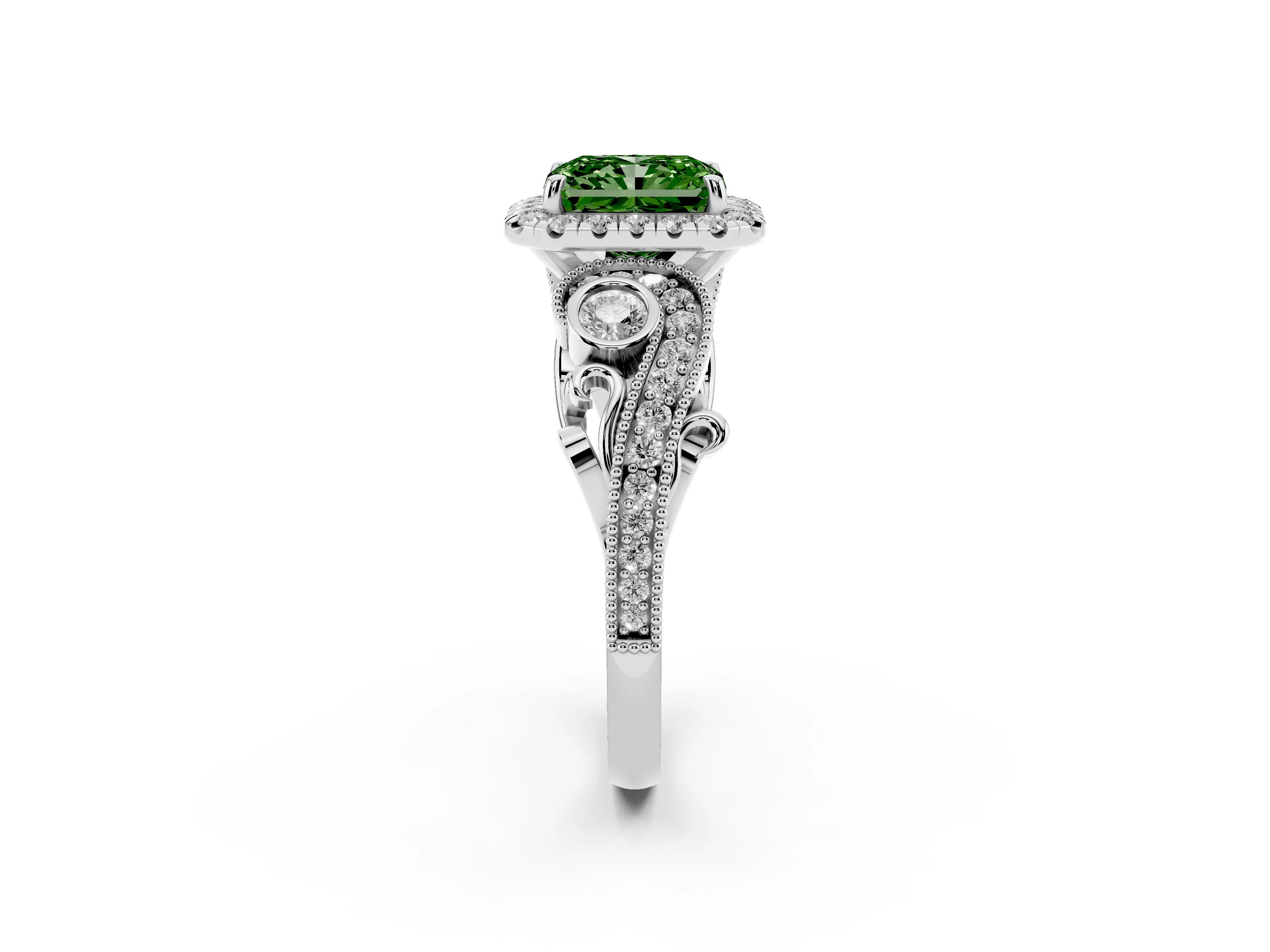 Fancy Green Radiant Cut Diamond Halo Ring Set in Silver with Milgrain Pavé Band and Prong Setting